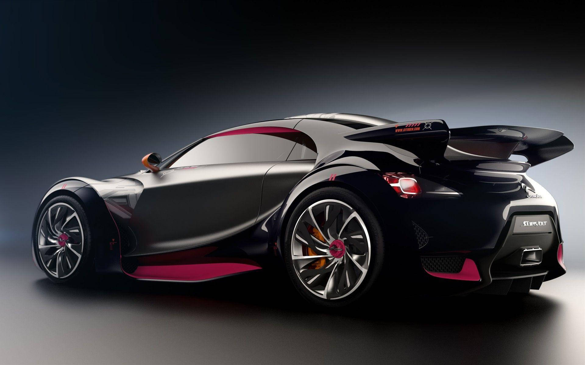 sleek black and magenta concept sports car, large rear wing, glowing taillights, Full HD Desktop Wallpaper