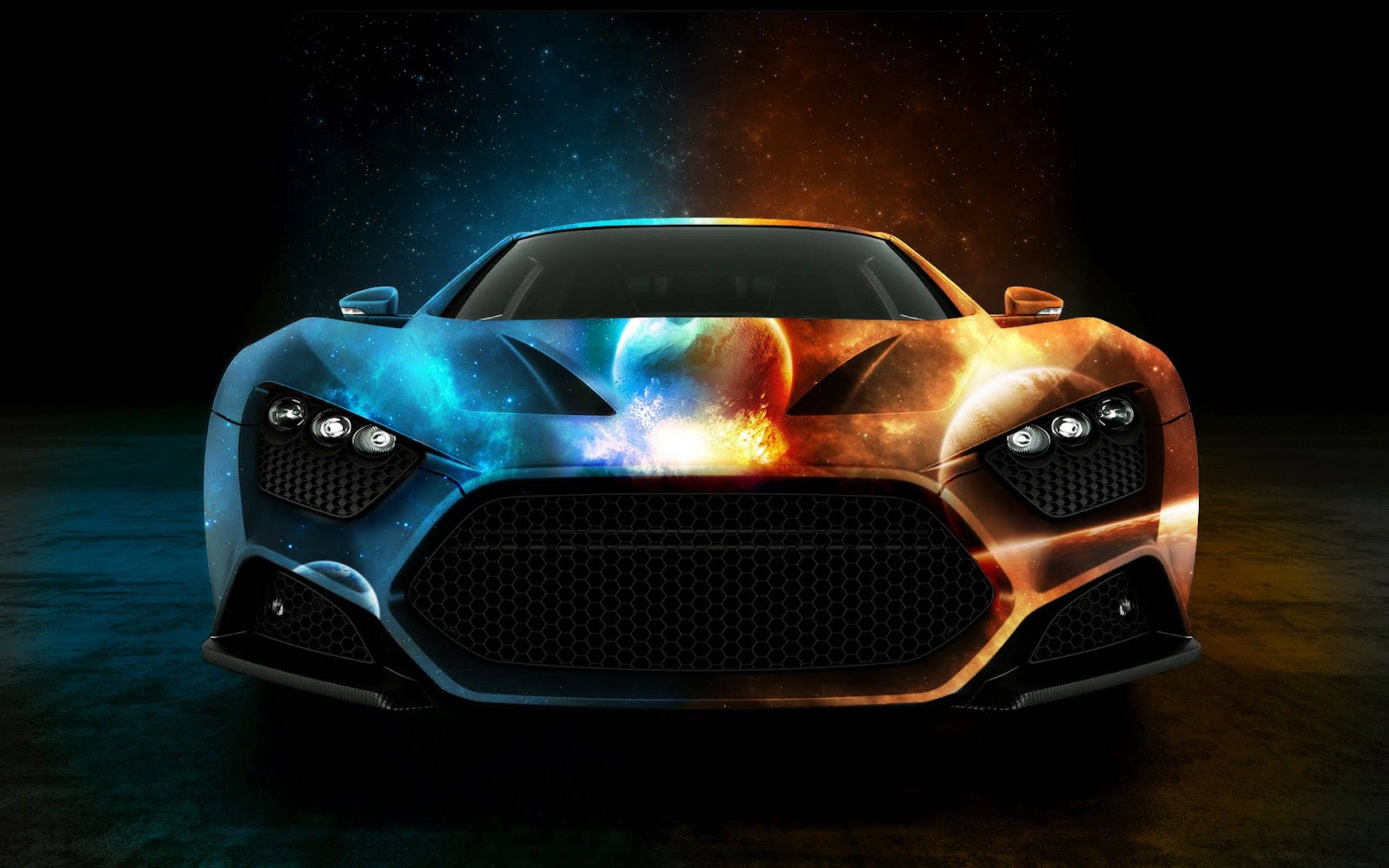 futuristic sports car, cosmic nebula, planet designs, 2K Desktop Wallpaper
