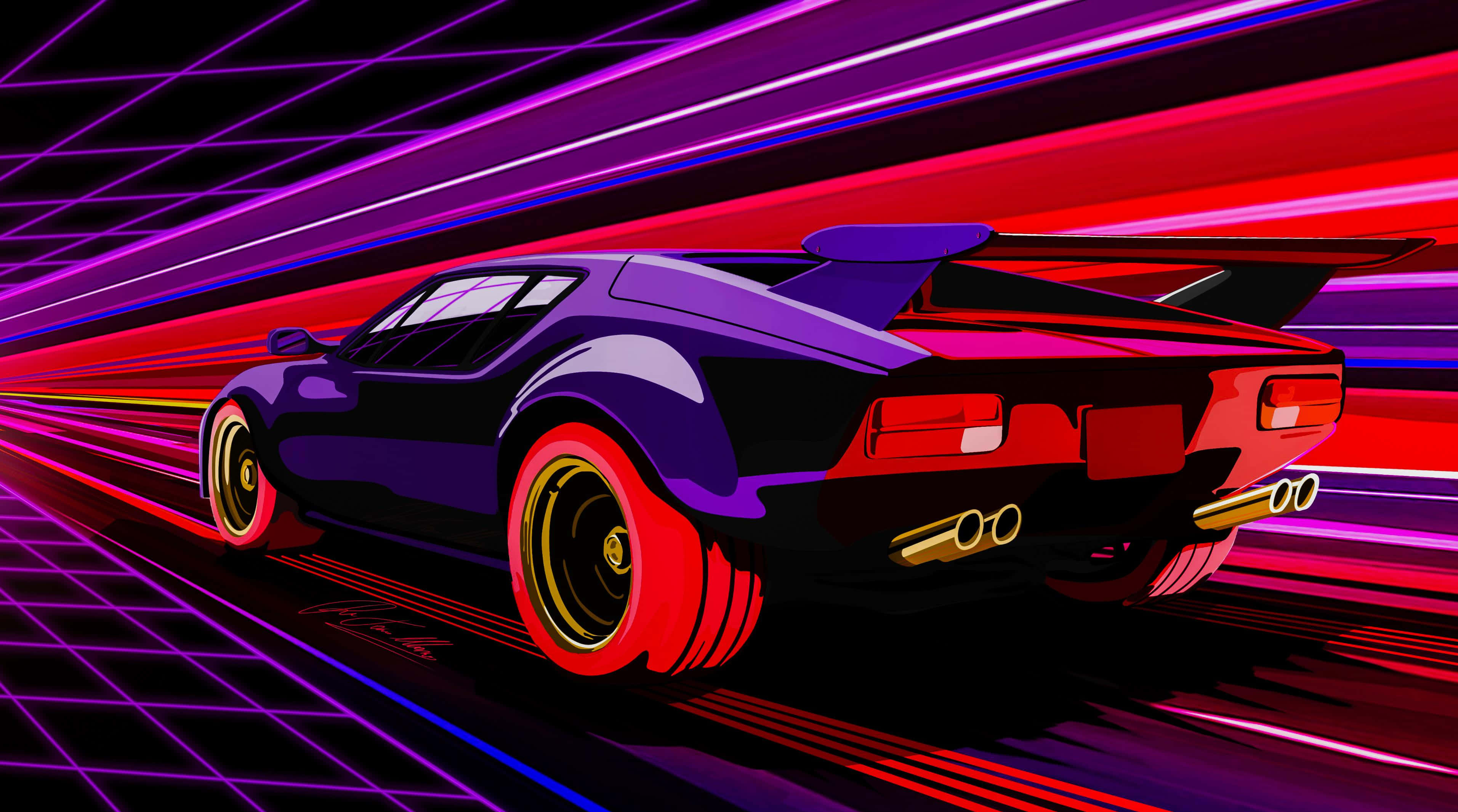 purple sports car, red rims, neon grid tunnel, 2K Desktop Wallpaper