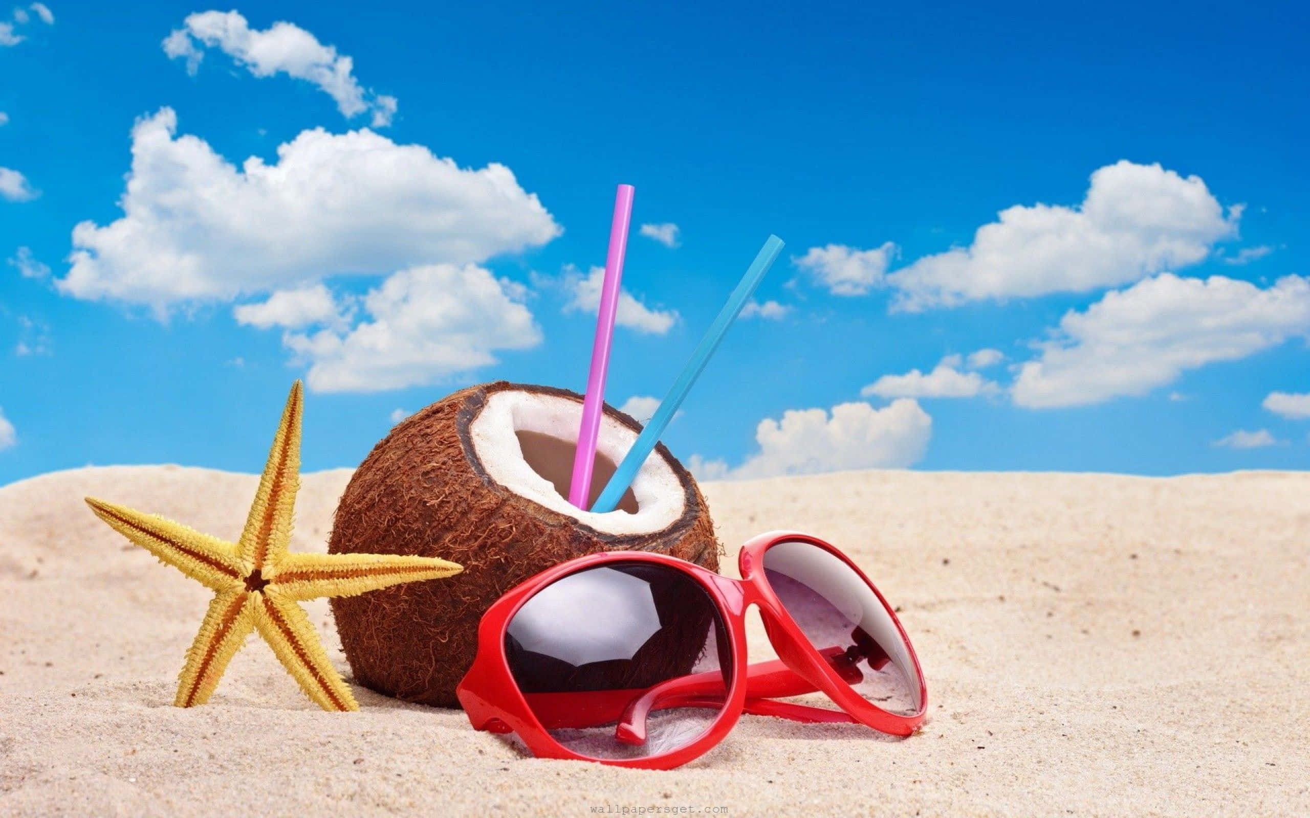 Cool Summer, coconut drink, colorful straws, 2K Desktop Wallpaper