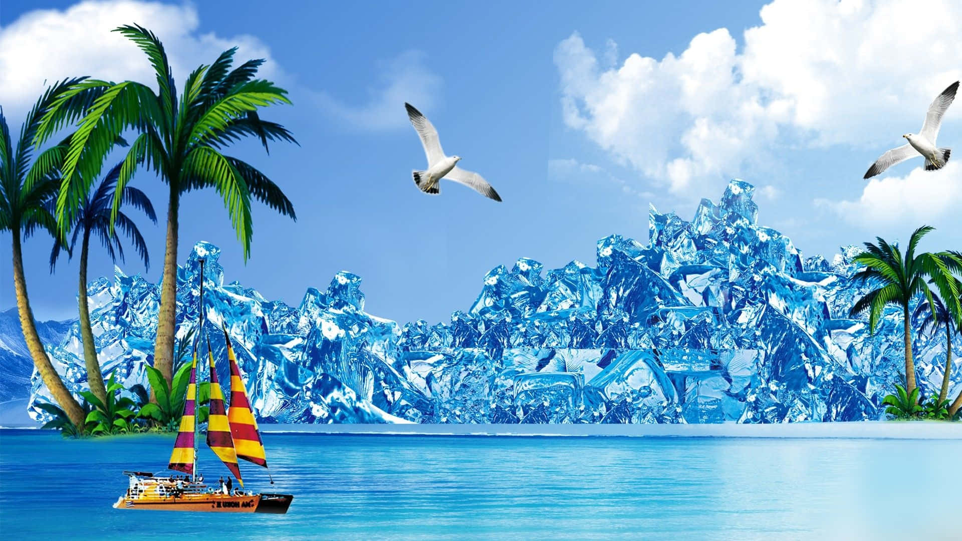 Cool Summer, tropical sailboat, palm trees, Full HD Desktop Wallpaper