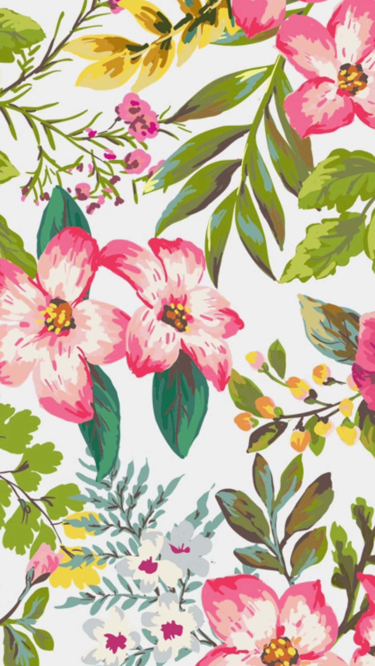 cute summer phone, vibrant pink flowers, green leaves, Full HD Phone Wallpaper