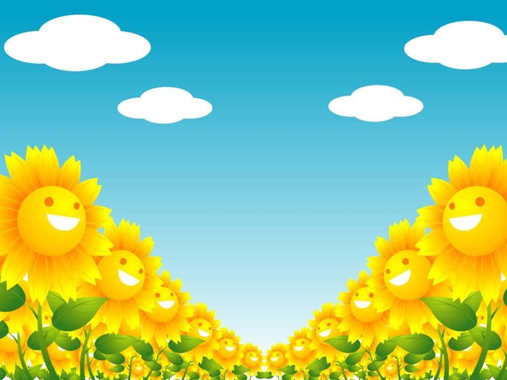cartoon sunflowers, smiling faces, clear blue sky, SD Desktop Wallpaper