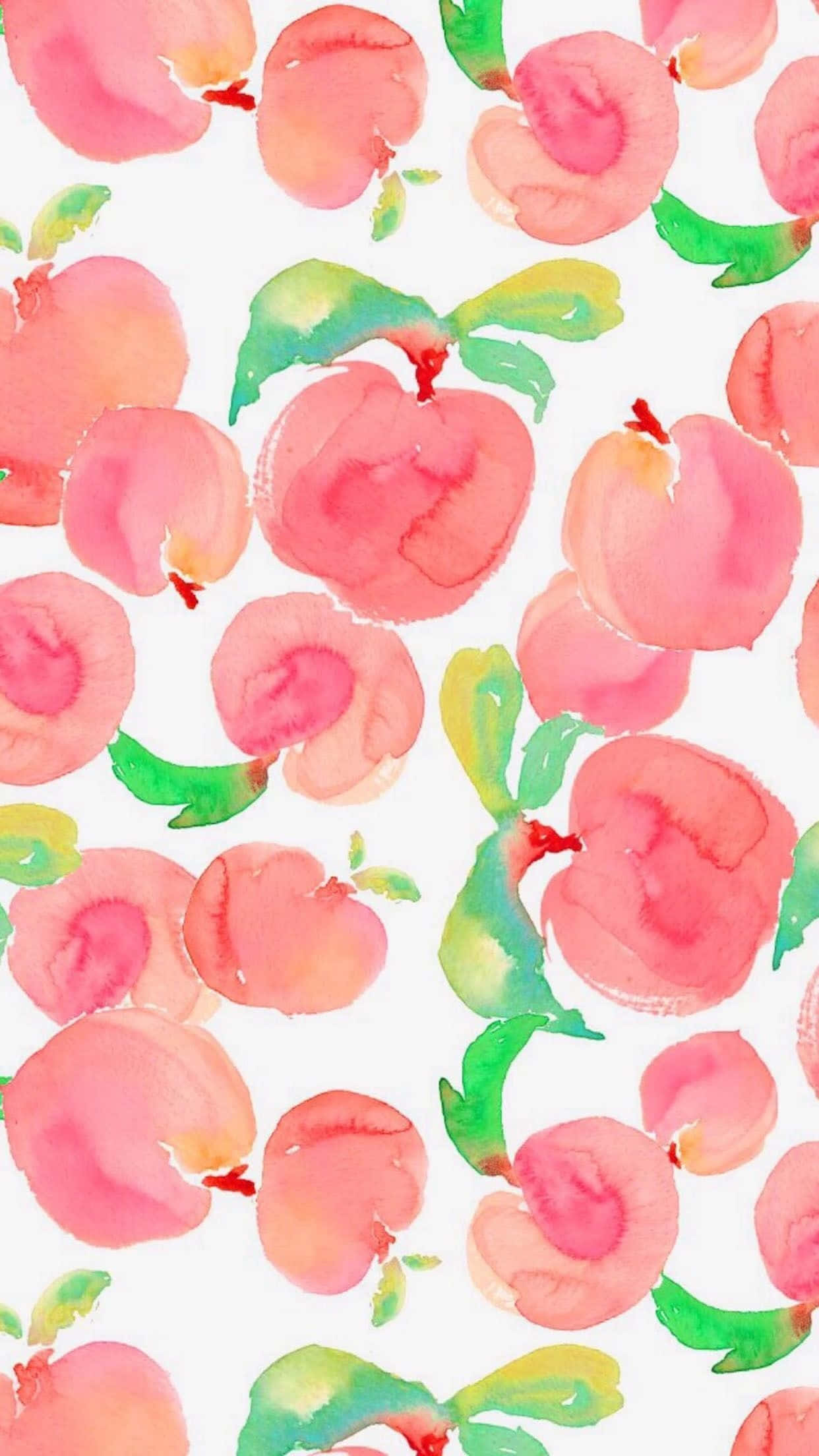 cute summer phone, watercolor peaches, green leaves, Full HD Phone Wallpaper