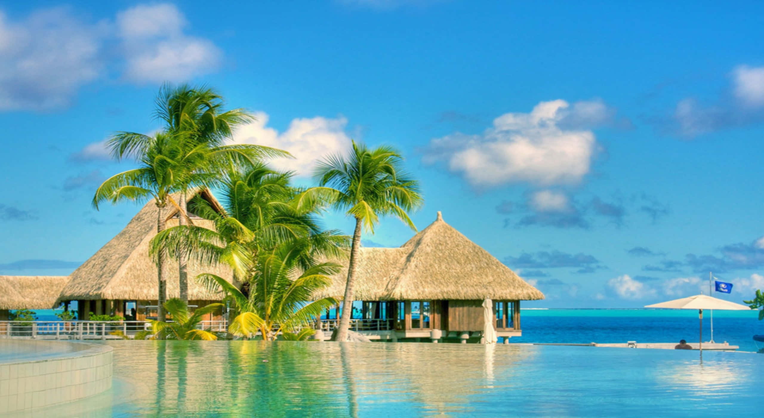 Cool Summer, overwater bungalows, thatched roofs, 2K Desktop Wallpaper