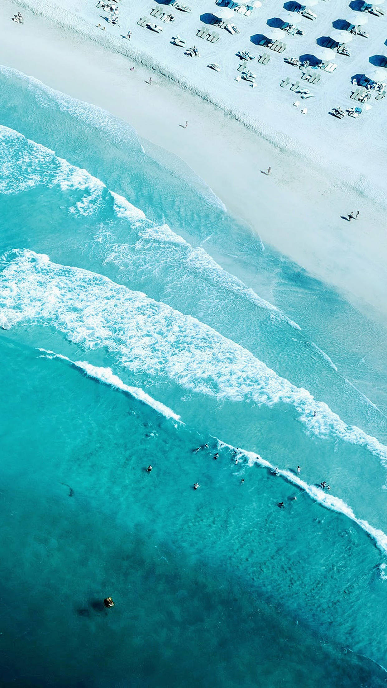 turquoise waves, white sandy beach, blue umbrellas, Full HD Phone Wallpaper
