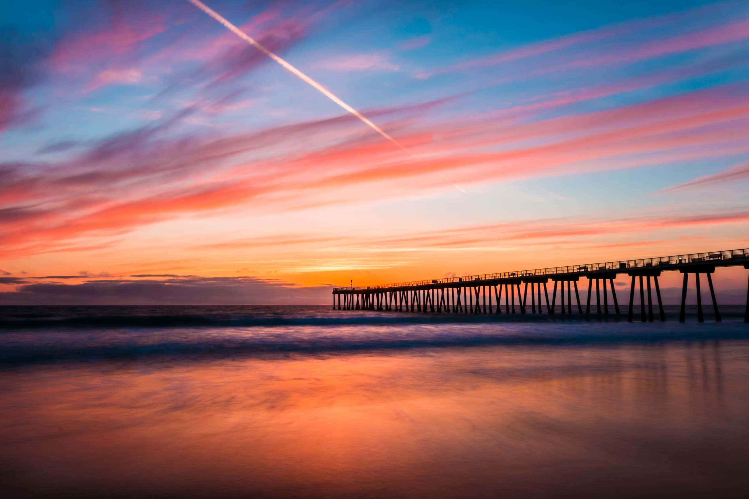 cool sunset, pier, ocean, 2K Desktop Wallpaper