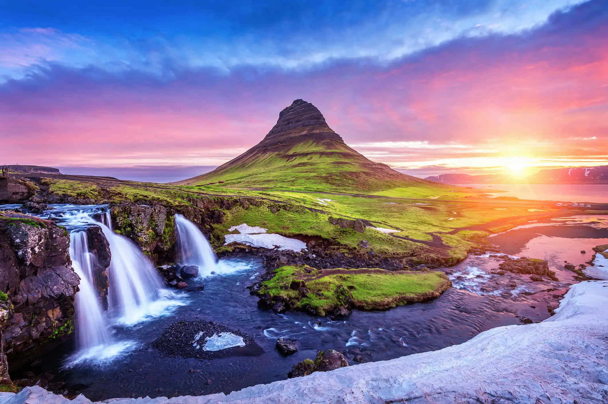 stunning sunset, vibrant sunset sky, conical mountain, Full HD Desktop Wallpaper