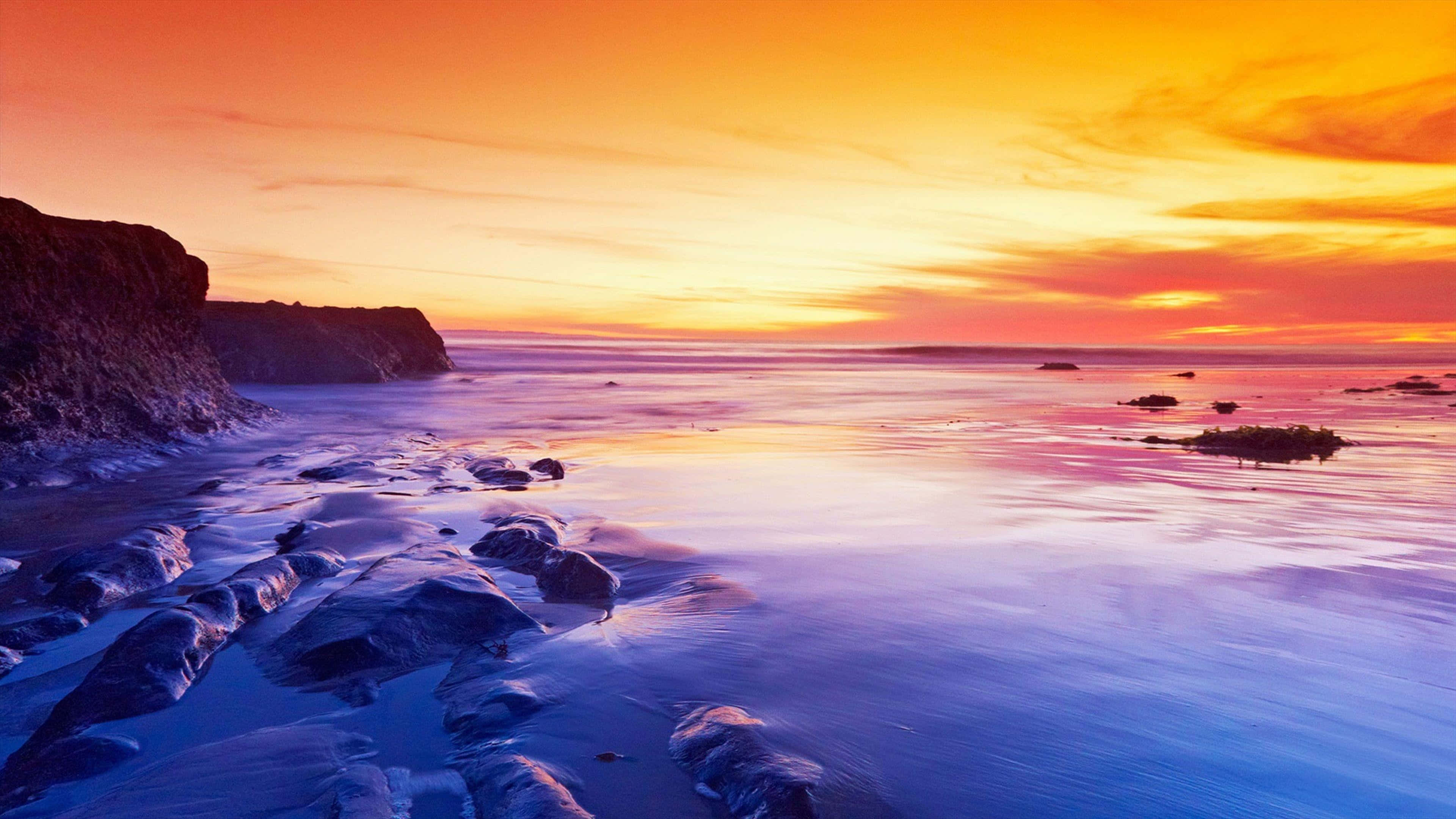 sunset, ocean, rocks, 4K Desktop Wallpaper