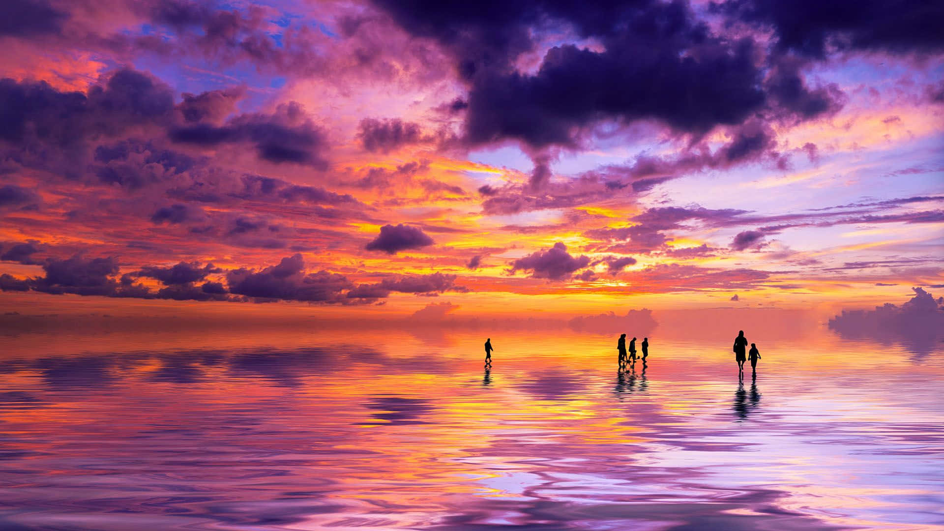 fiery sunset, purple orange and pink clouds, glassy water surface, Full HD Desktop Wallpaper