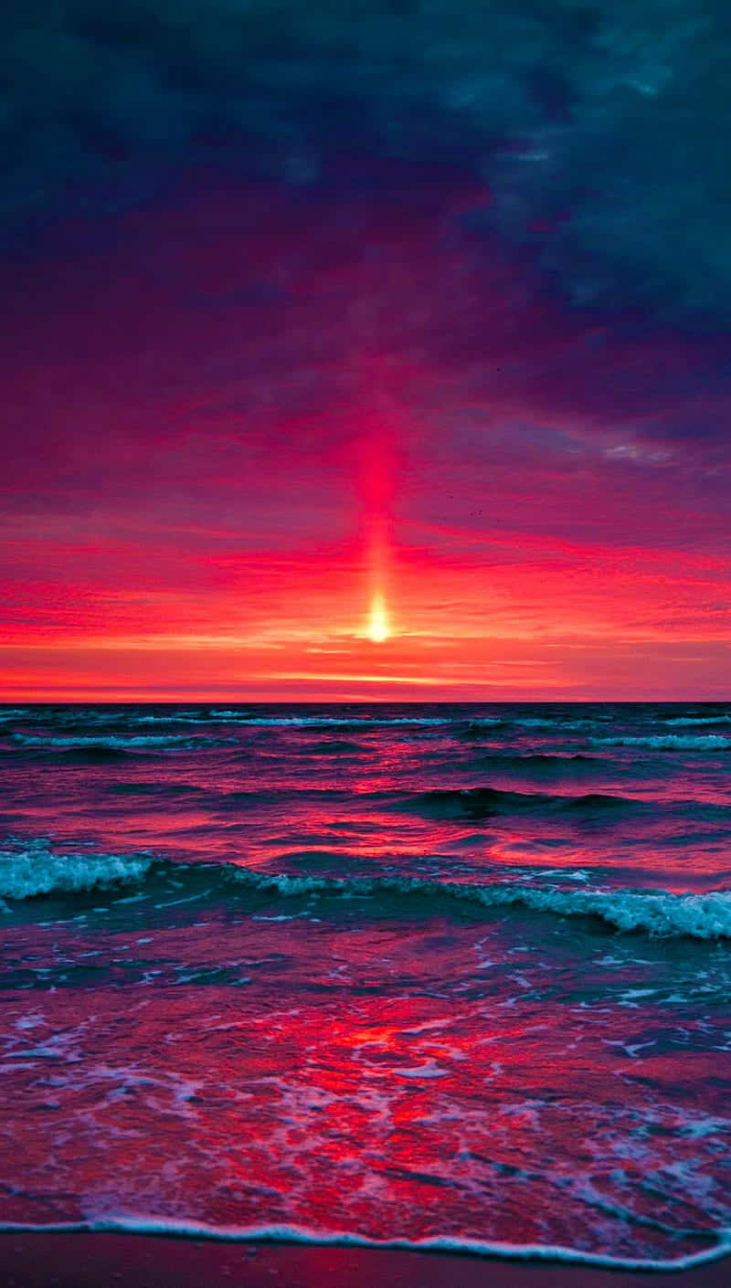 surreal sunset, ocean, radiant red sun, HD Phone Wallpaper