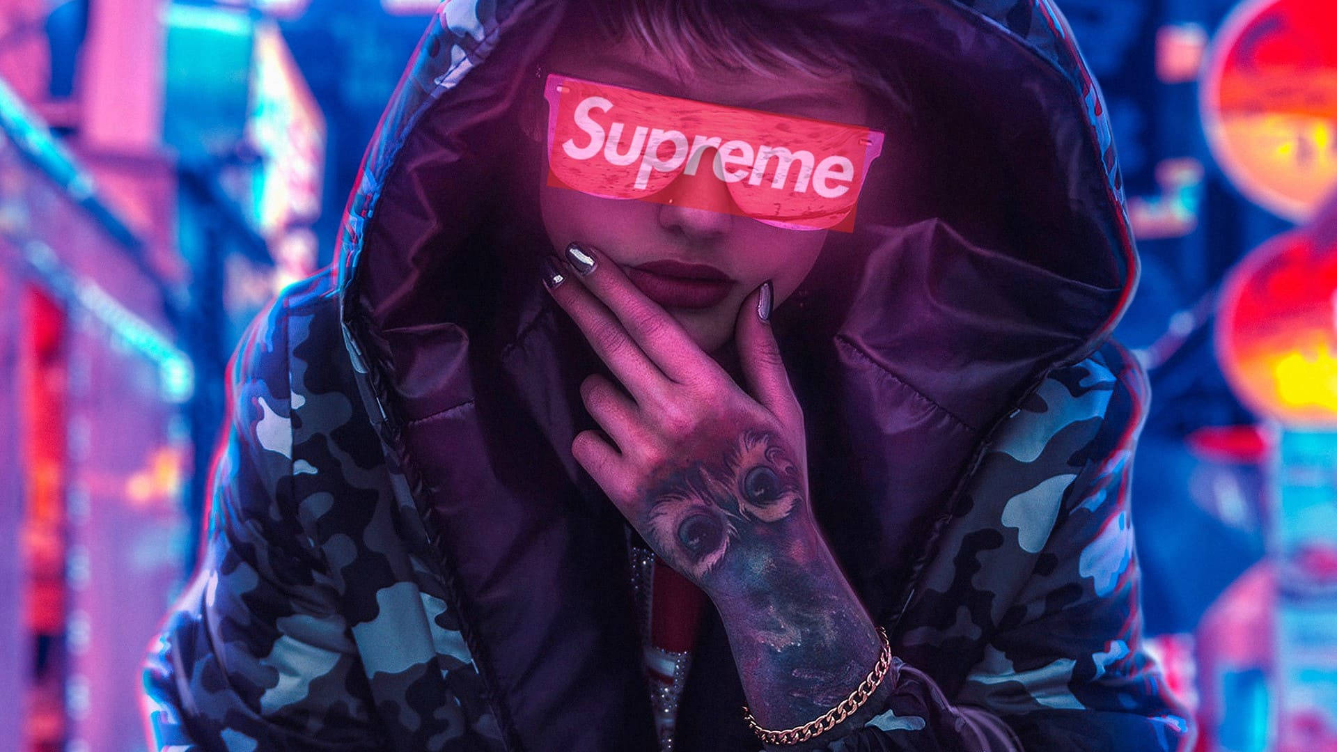 Cool Supreme, camouflage hoodie, red Supreme sunglasses, Full HD Desktop Wallpaper