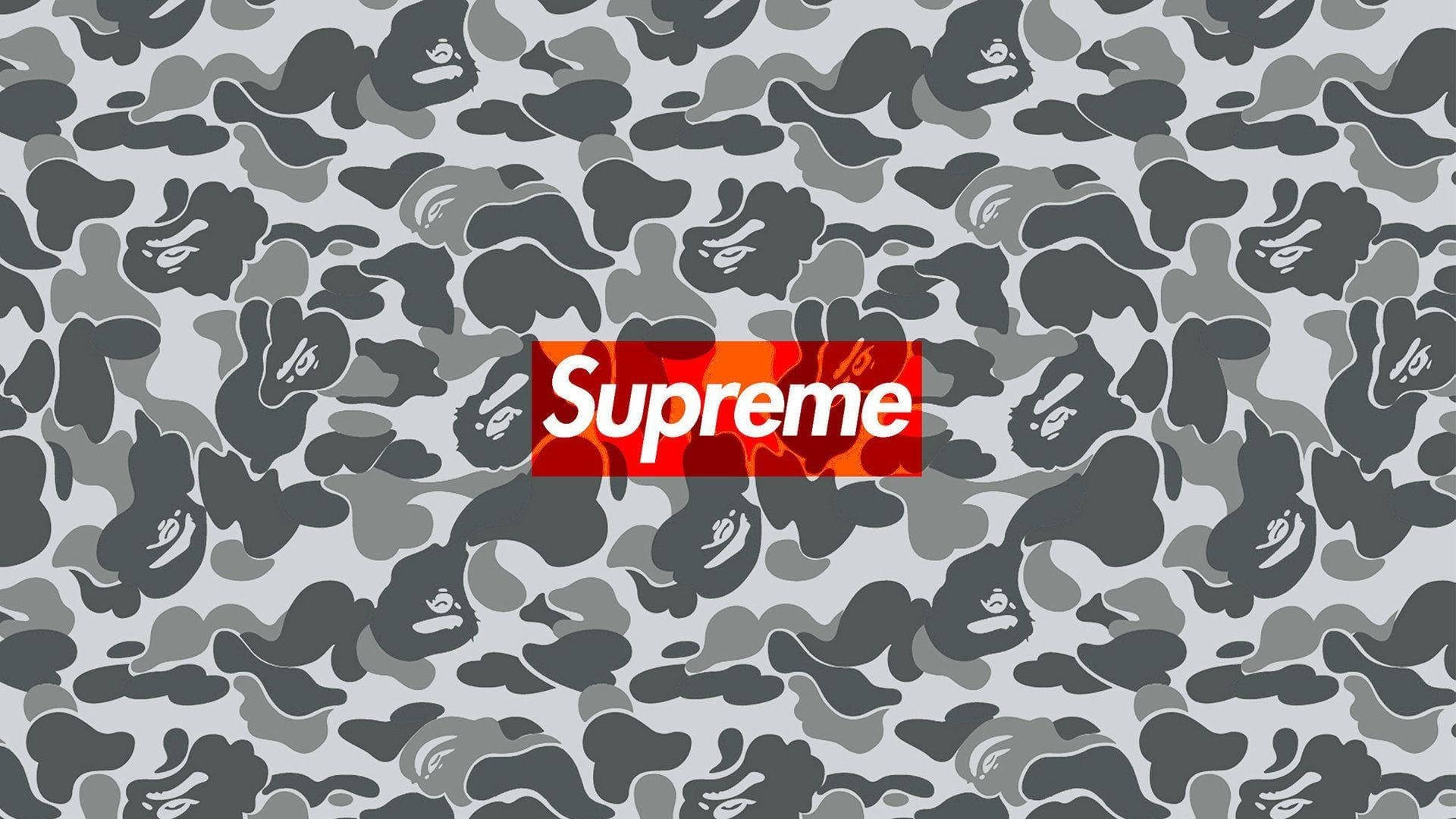 Cool Supreme, gray camouflage, red Supreme logo, Full HD Desktop Wallpaper