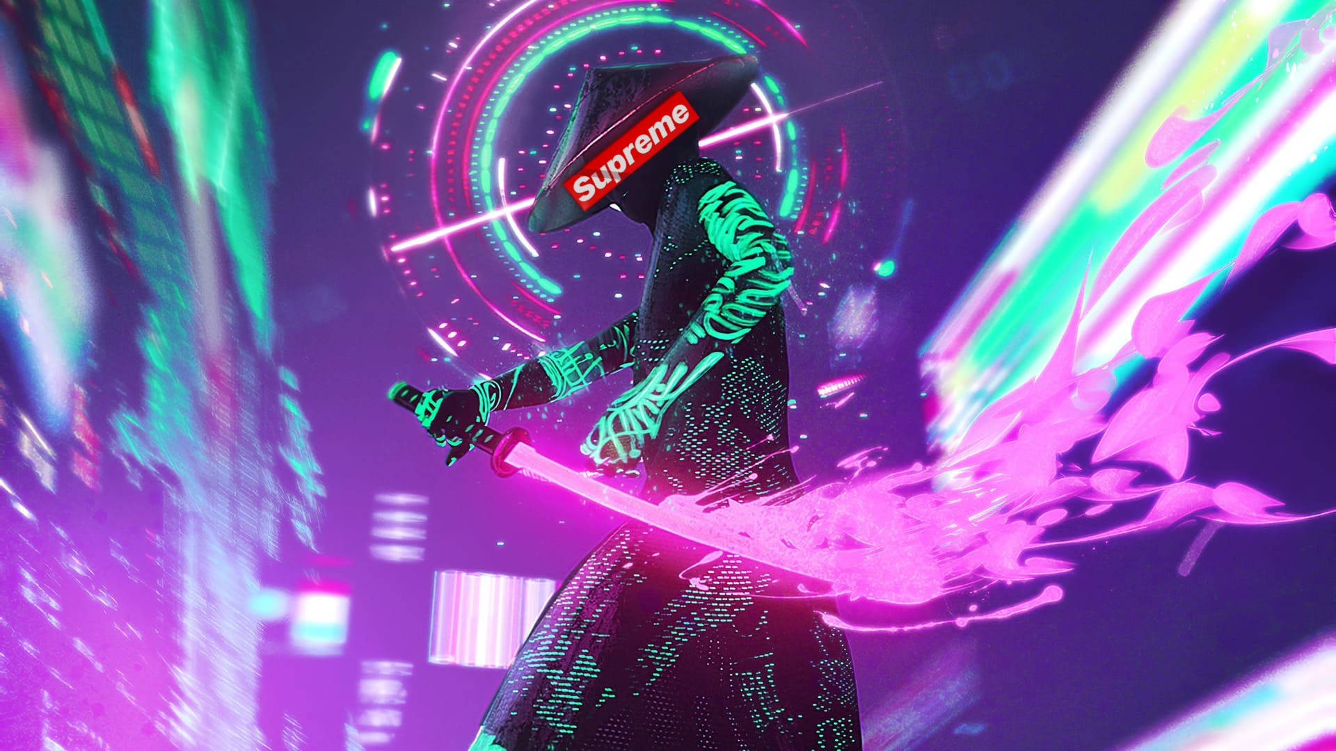 Cool Supreme, neon samurai, Supreme hat, Full HD Desktop Wallpaper