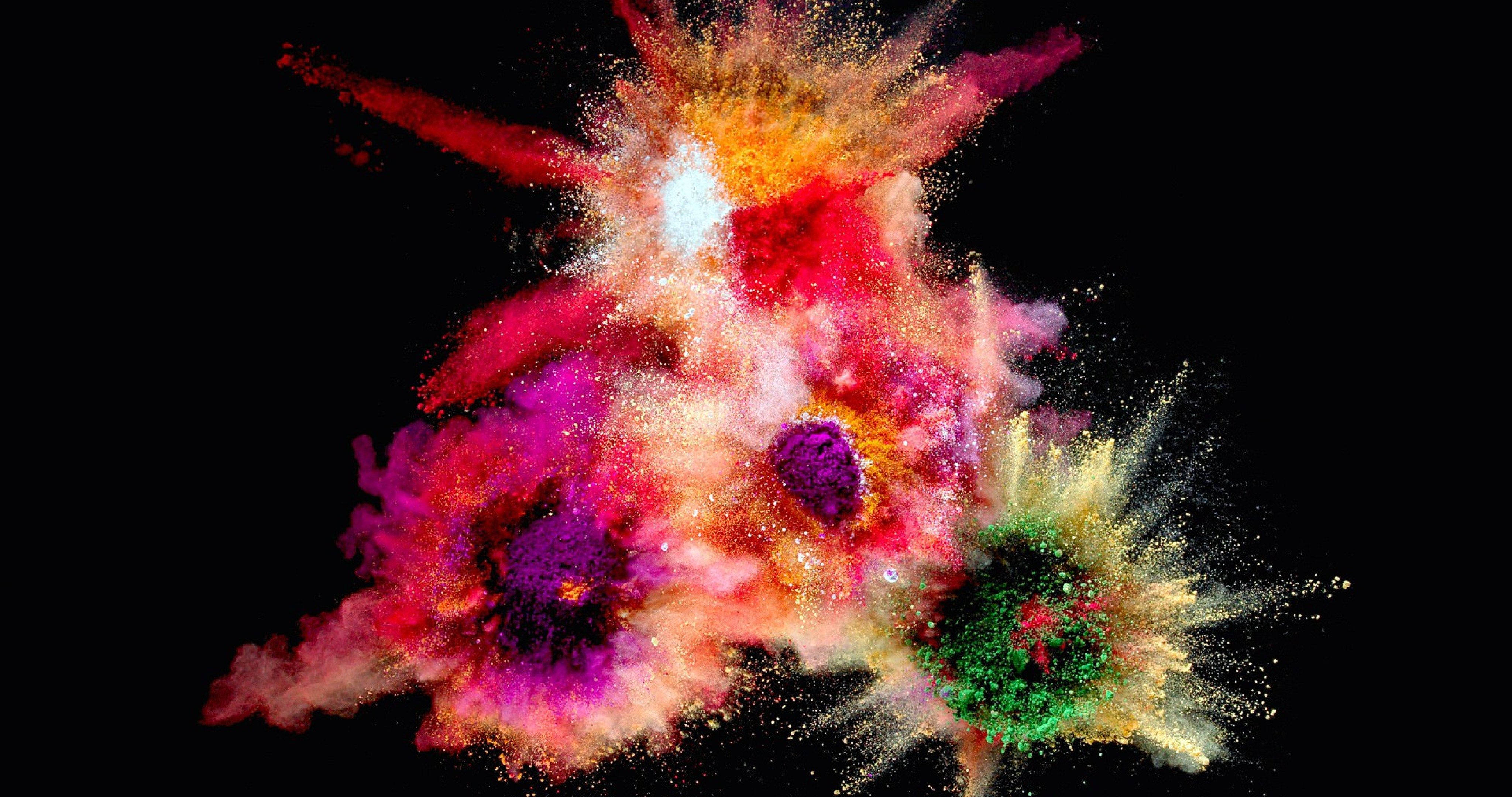 Colorful Supreme Blast, vibrant colored powders, stark black background, 4K Desktop Wallpaper