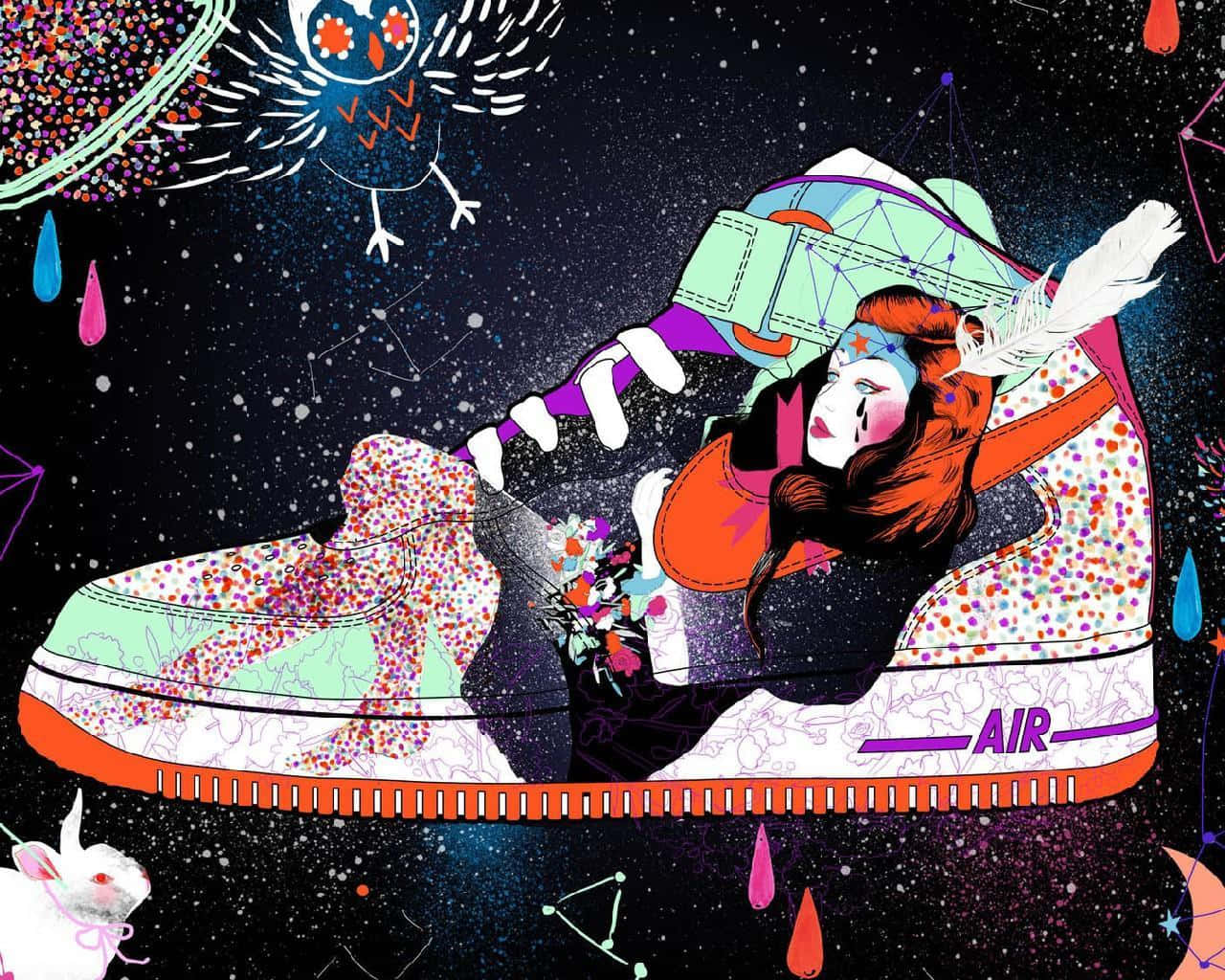 giant sneaker, cosmic backdrop, stars constellations, HD Desktop Wallpaper