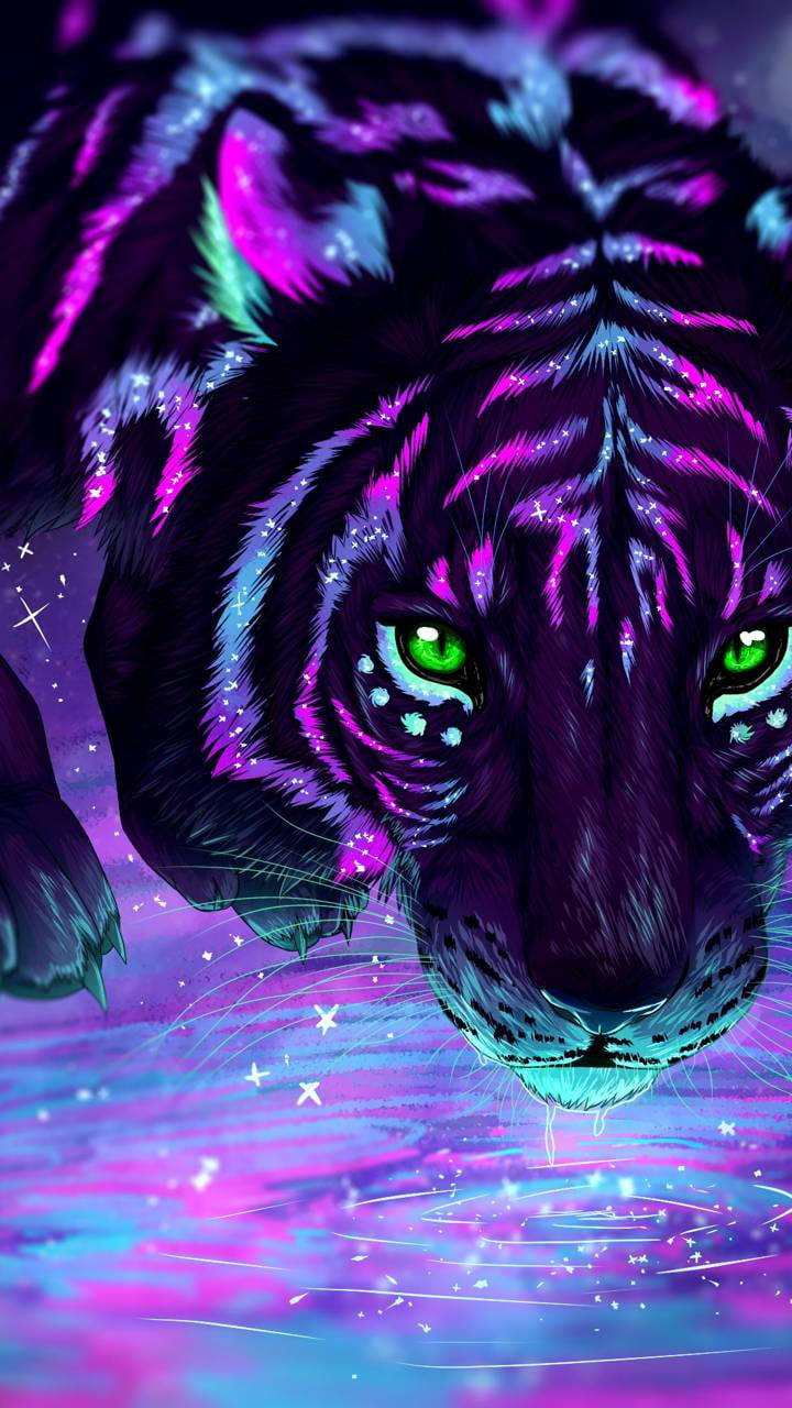 neon tiger, glowing green eyes, cosmic purple and blue starry background, HD Phone Wallpaper
