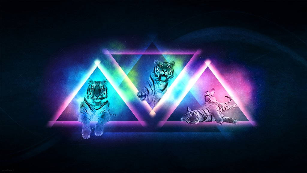 Cool Tiger, neon triangles, dark cosmic background, SD Desktop Wallpaper