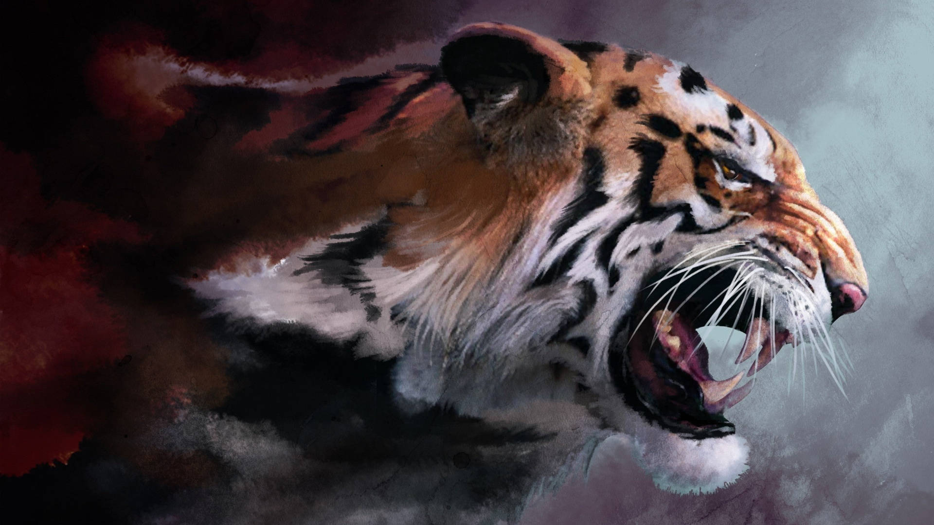 harimau, tiger, smoky red and gray background, Full HD Desktop Wallpaper