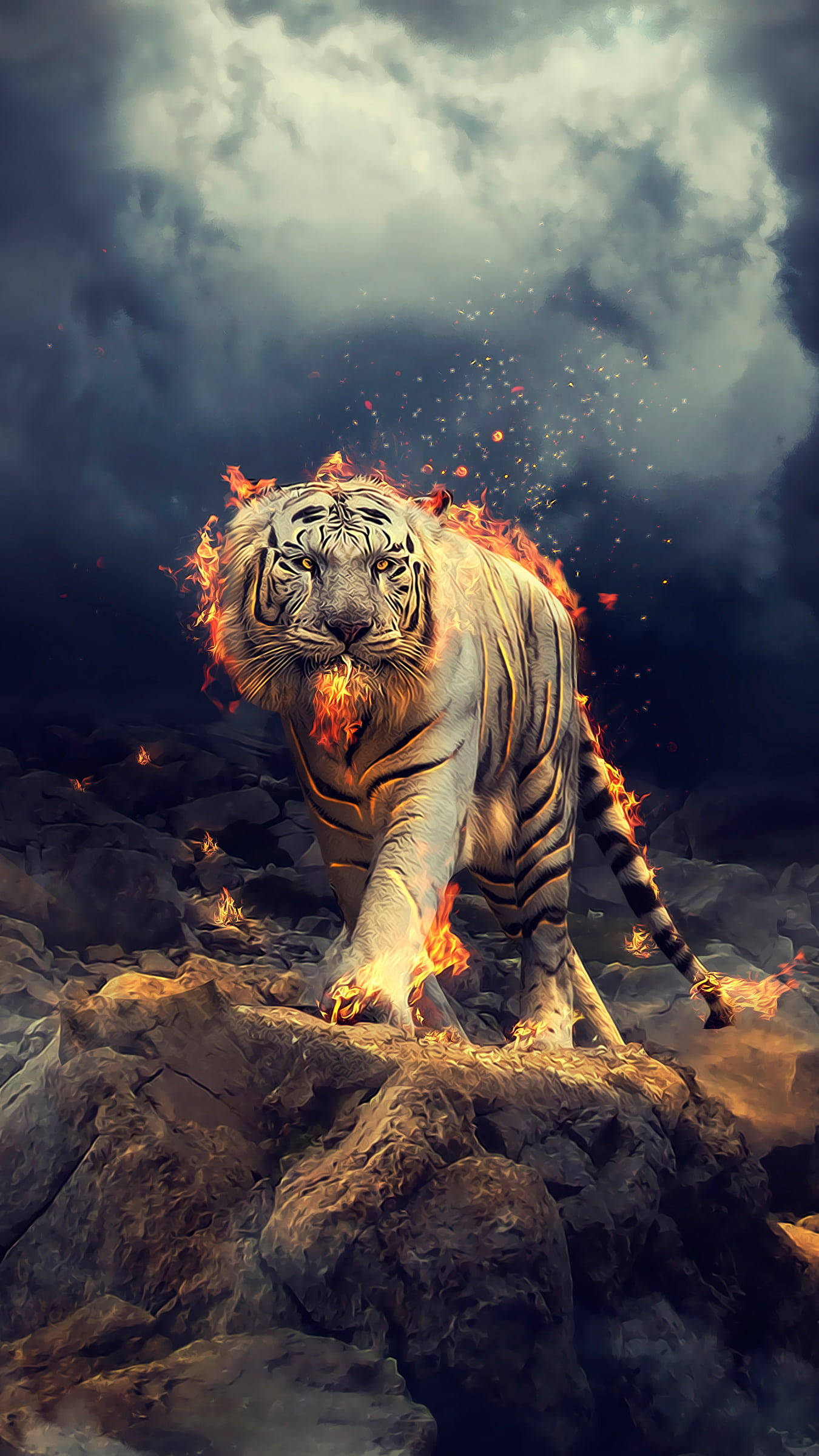 Cool Tiger, white tiger, flames, Full HD Phone Wallpaper
