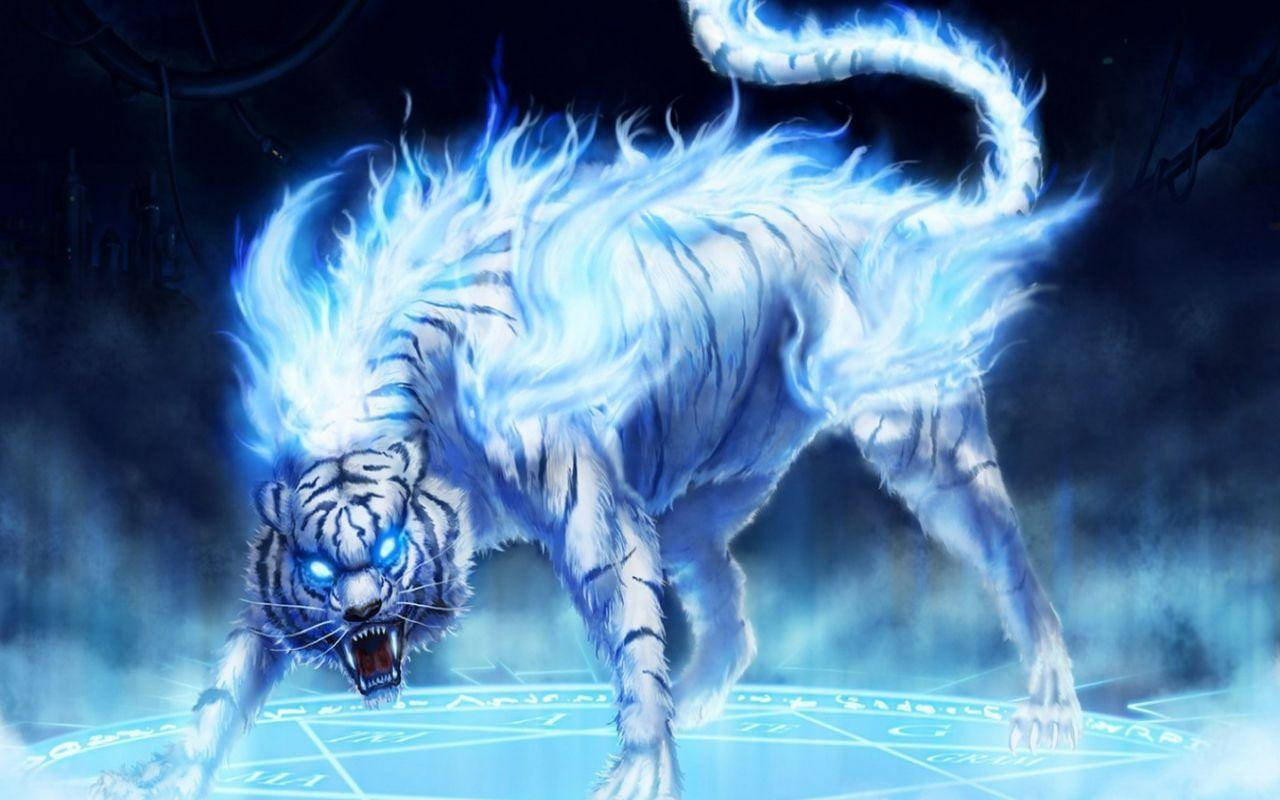 white tiger, glowing blue eyes, fiery blue fur, HD Desktop Wallpaper