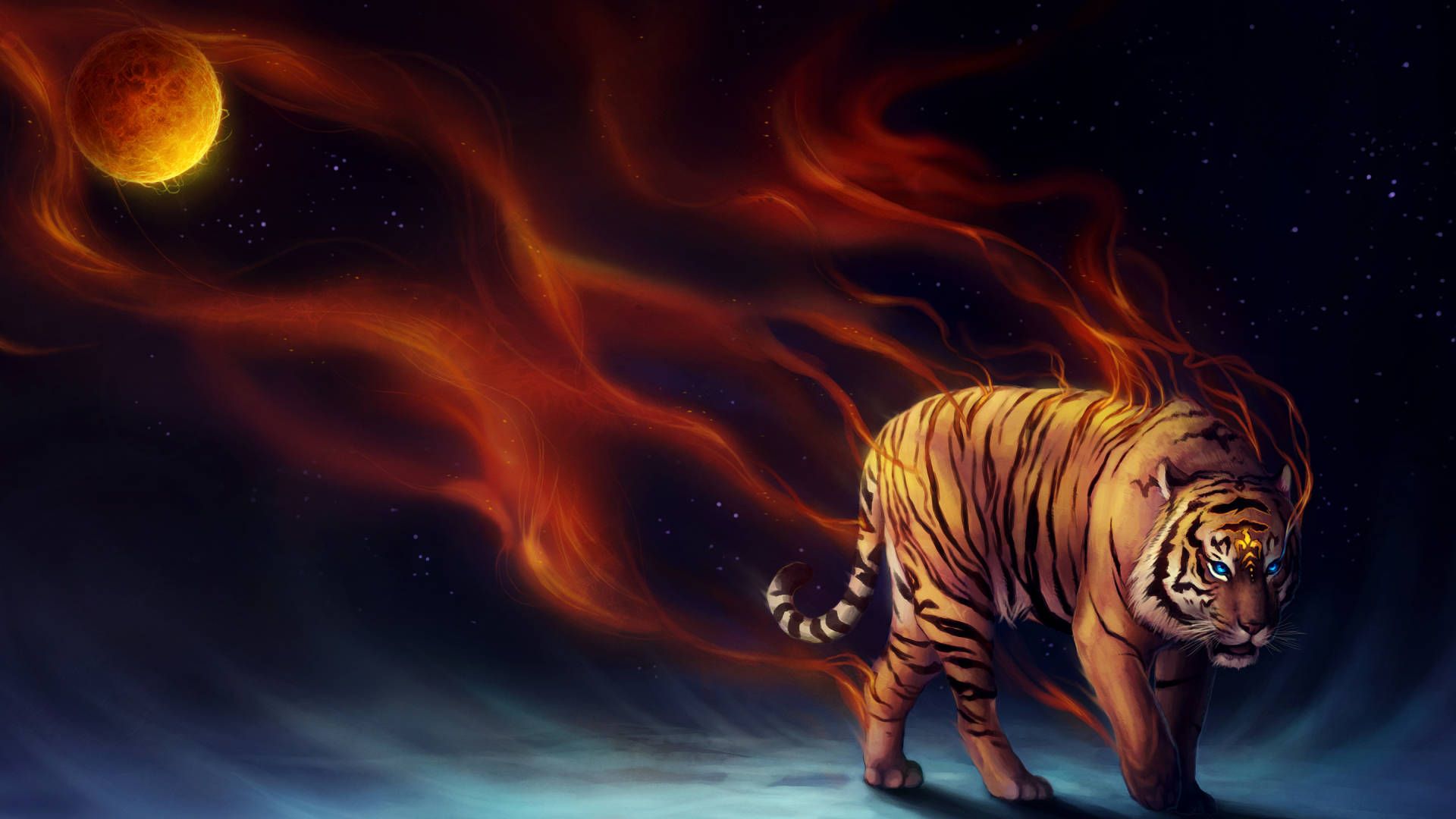 Cool Tiger Moon, glowing blue eyes, cosmic flames, Full HD Desktop Wallpaper