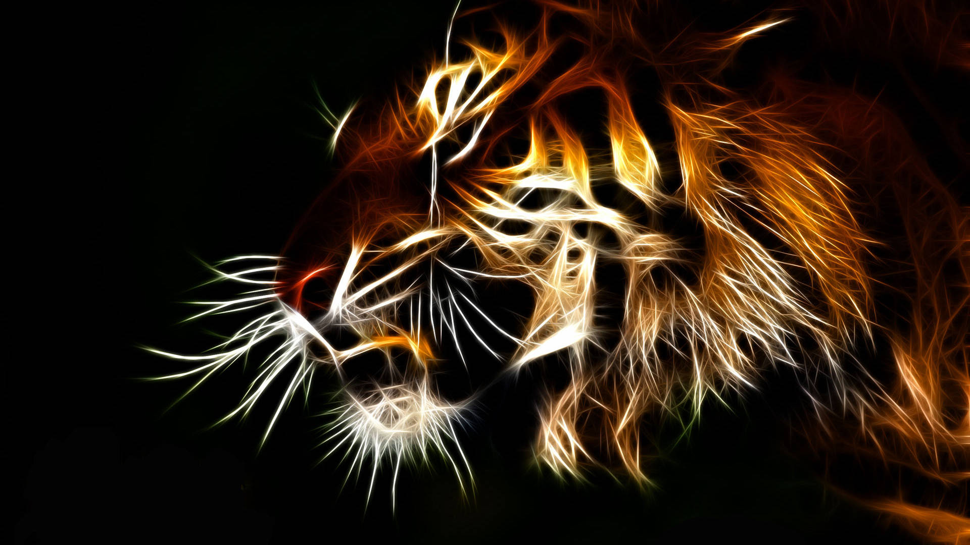fiery tiger, glowing orange white and yellow streaks, black background, Full HD Desktop Wallpaper