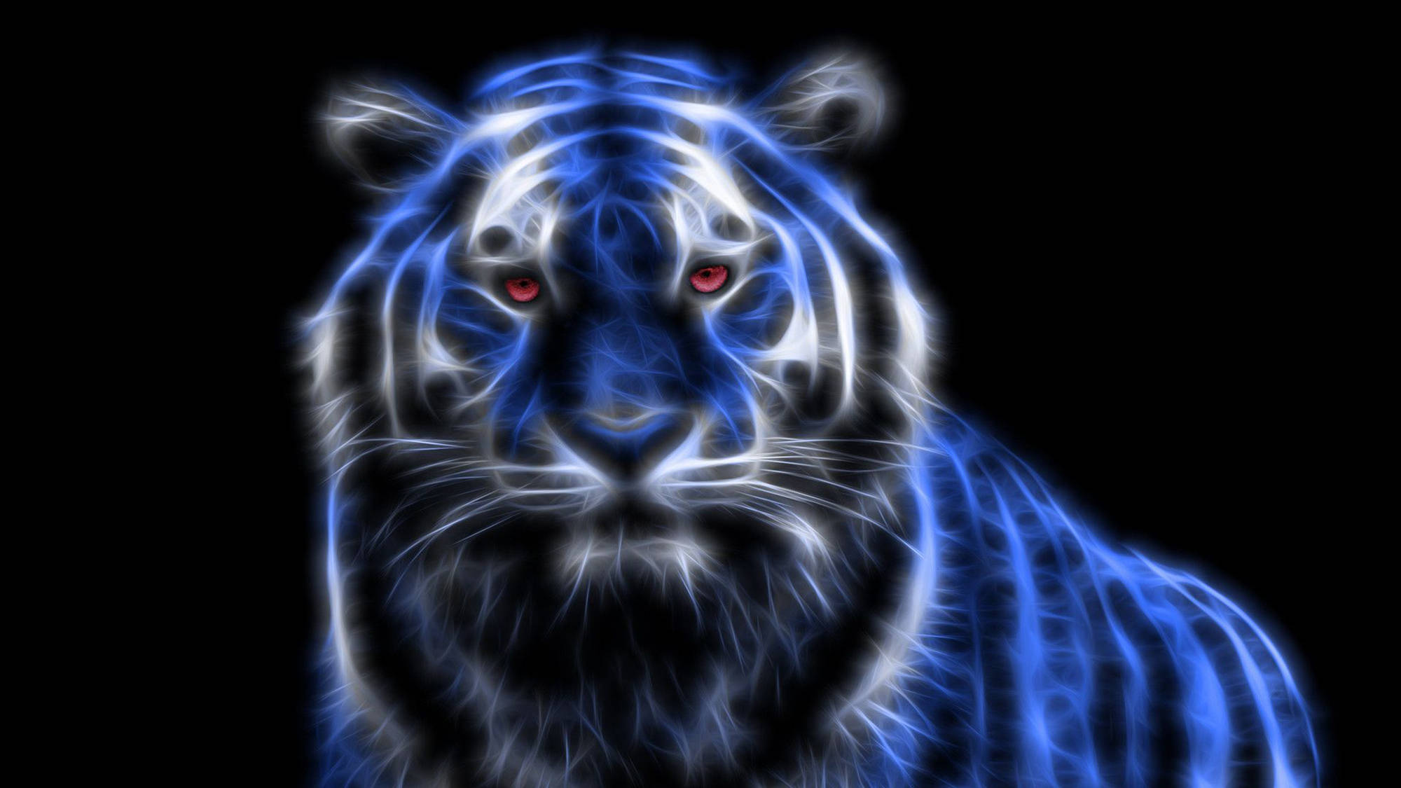 Neon Blue Tiger, glowing blue tiger, red eyes, Full HD Desktop Wallpaper