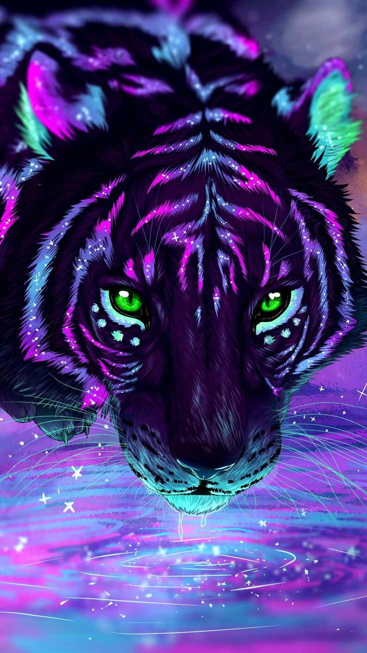 cosmic tiger, glowing green eyes, neon purple fur, HD Phone Wallpaper