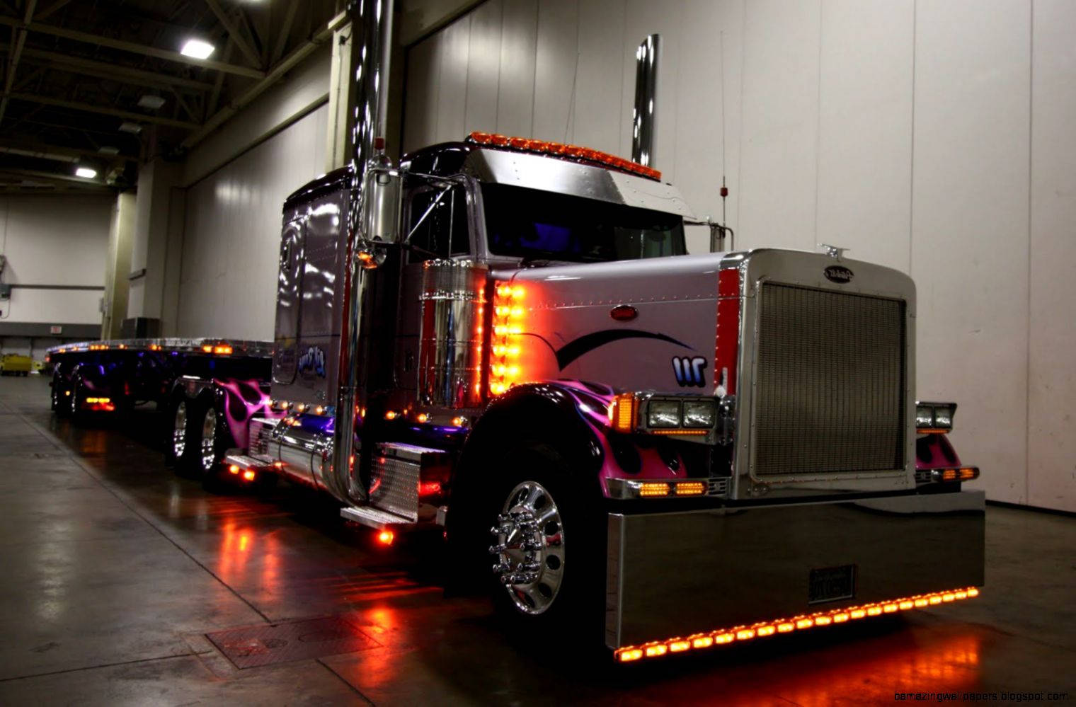 chrome semi-truck, glowing orange lights, purple flame decals, HD Desktop Wallpaper