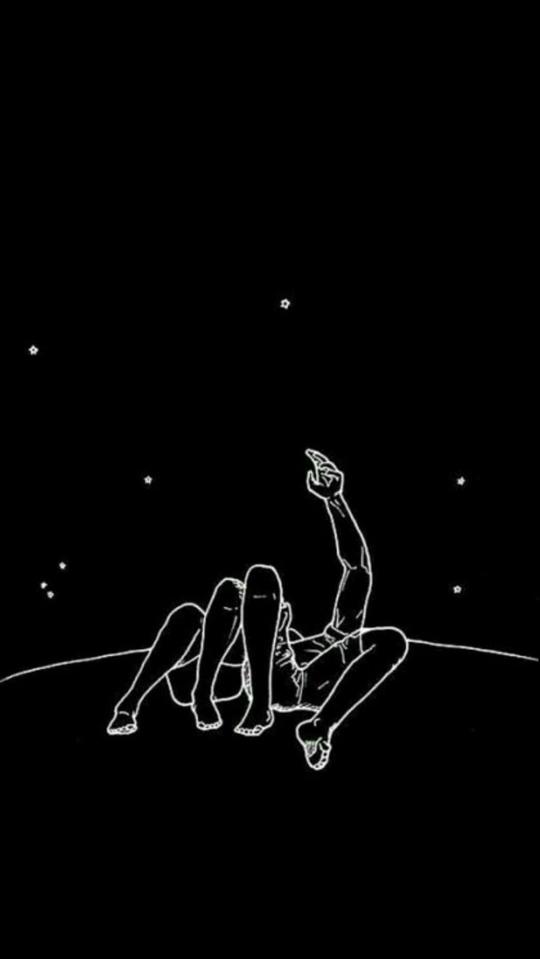 minimalist white line drawing, person lying on a curved horizon, pointing at stars, HD Phone Wallpaper