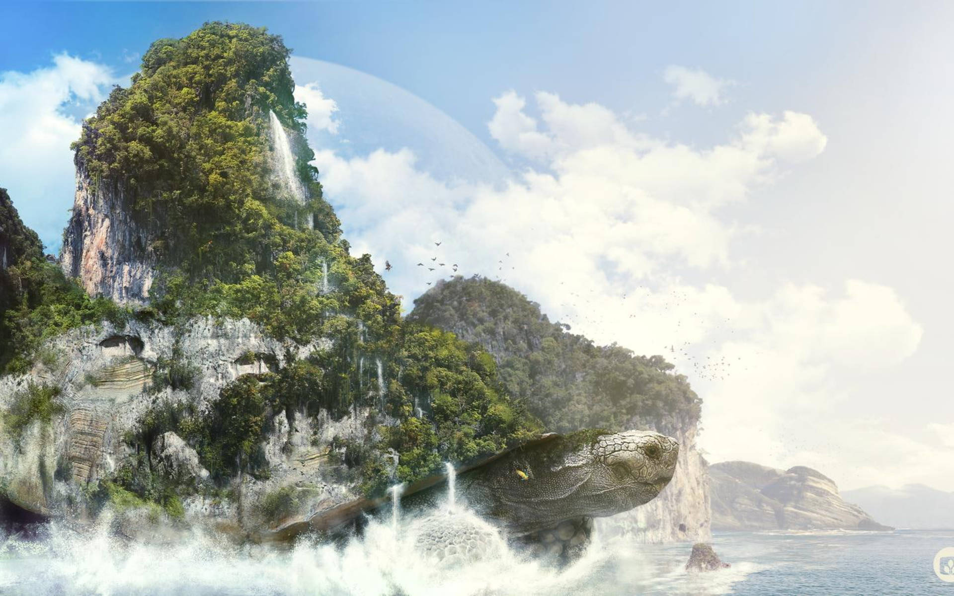 Cool Turtle, island, ocean waves, Full HD Desktop Wallpaper