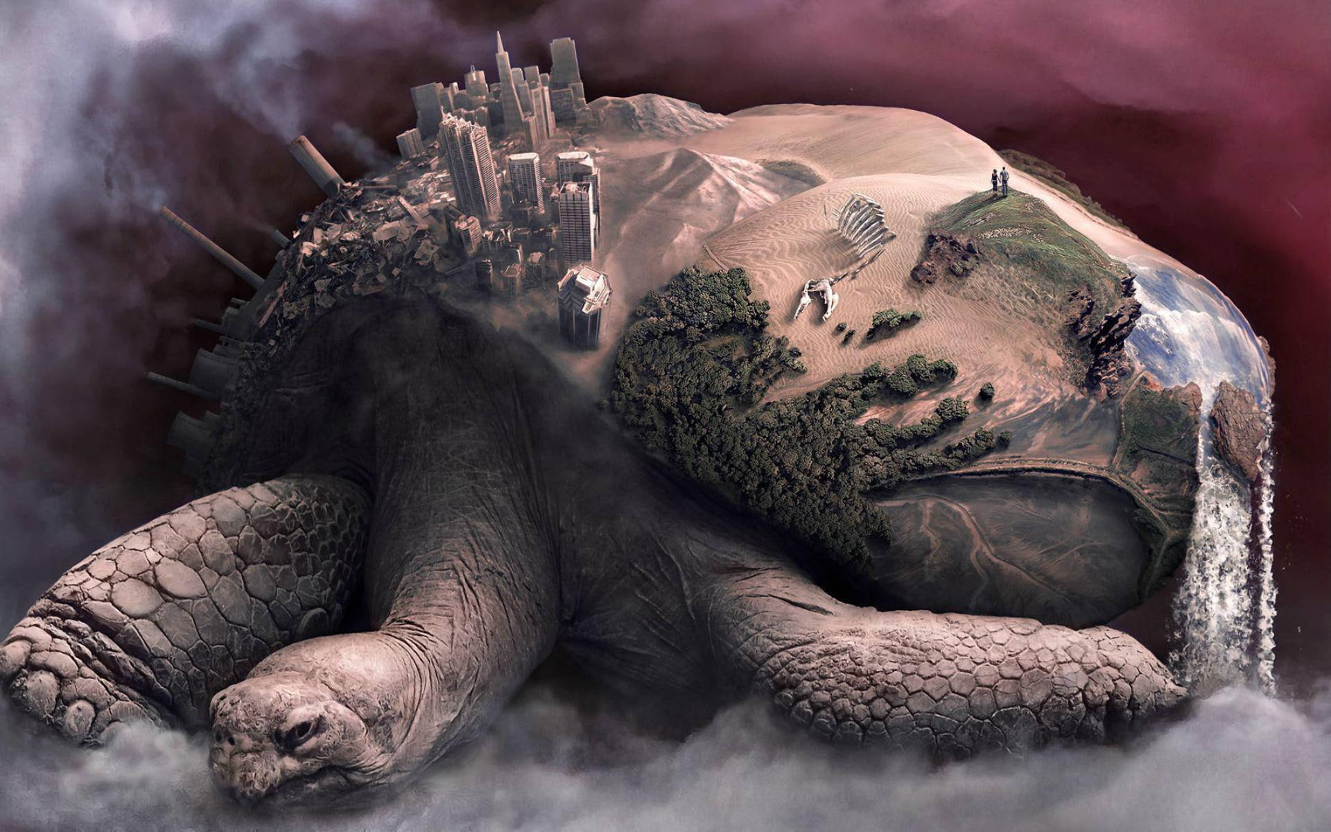 Cool Turtle, surreal world, cities, Full HD Desktop Wallpaper