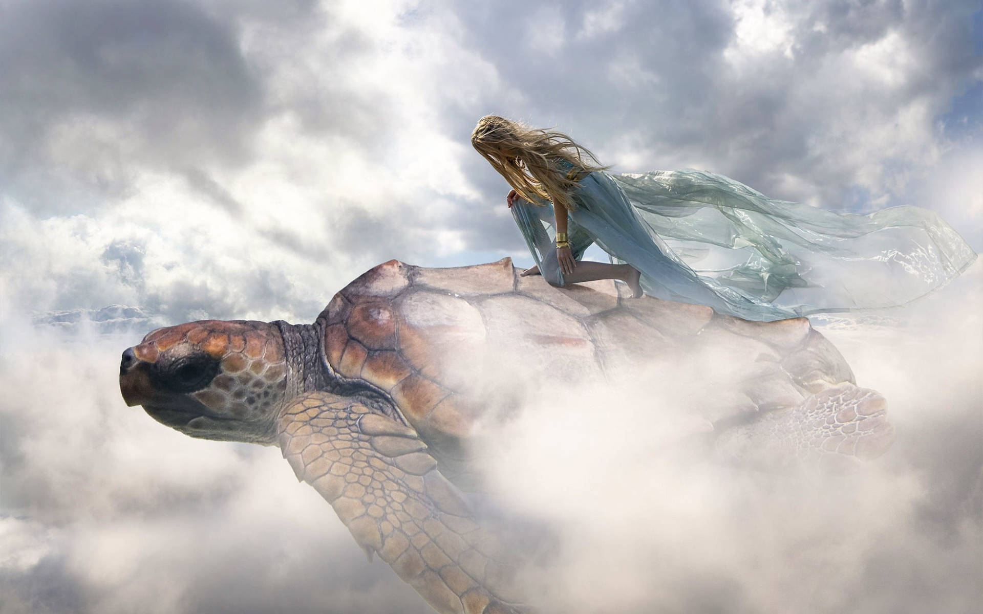Cool Turtle, woman, flowing blue gown, Full HD Desktop Wallpaper