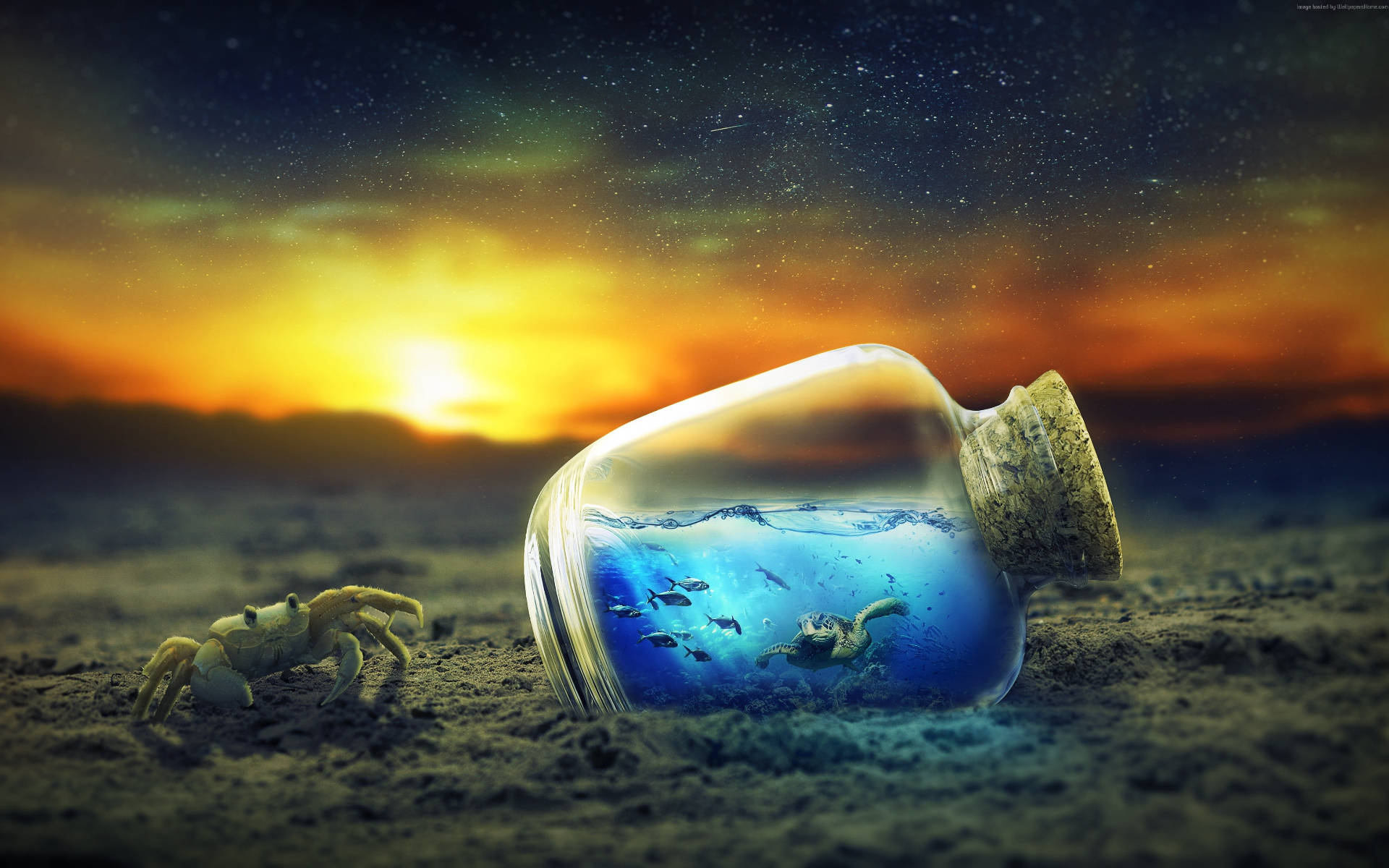 Cool Turtle, glass bottle, ocean water, Full HD Desktop Wallpaper