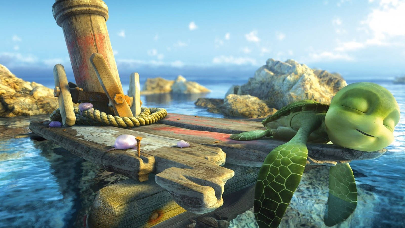 Green Cool Turtle, sea turtle, weathered wooden pier, HD Desktop Wallpaper