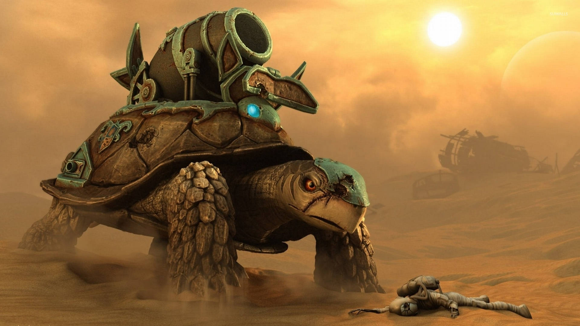 Cool Turtle, glowing blue eyes, dusty alien desert, Full HD Desktop Wallpaper