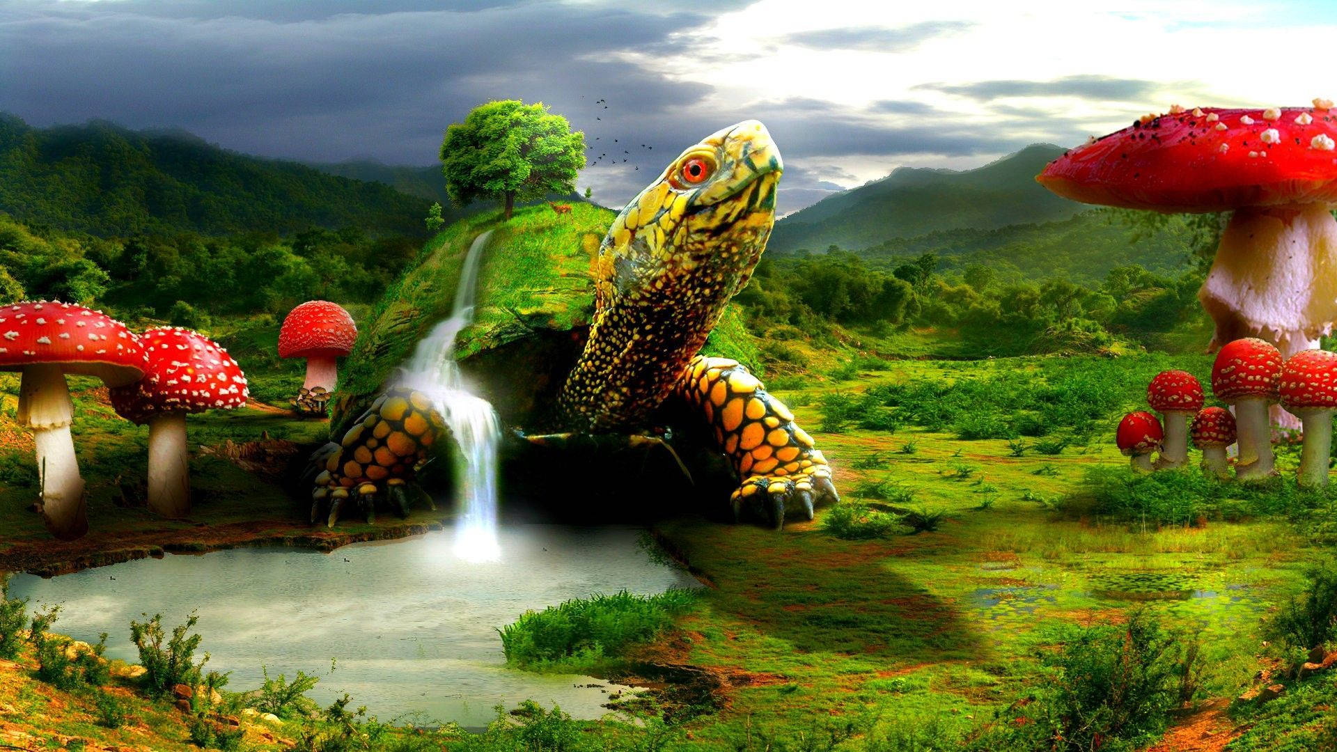 Cool Turtle, waterfall, lush green valley, Full HD Desktop Wallpaper