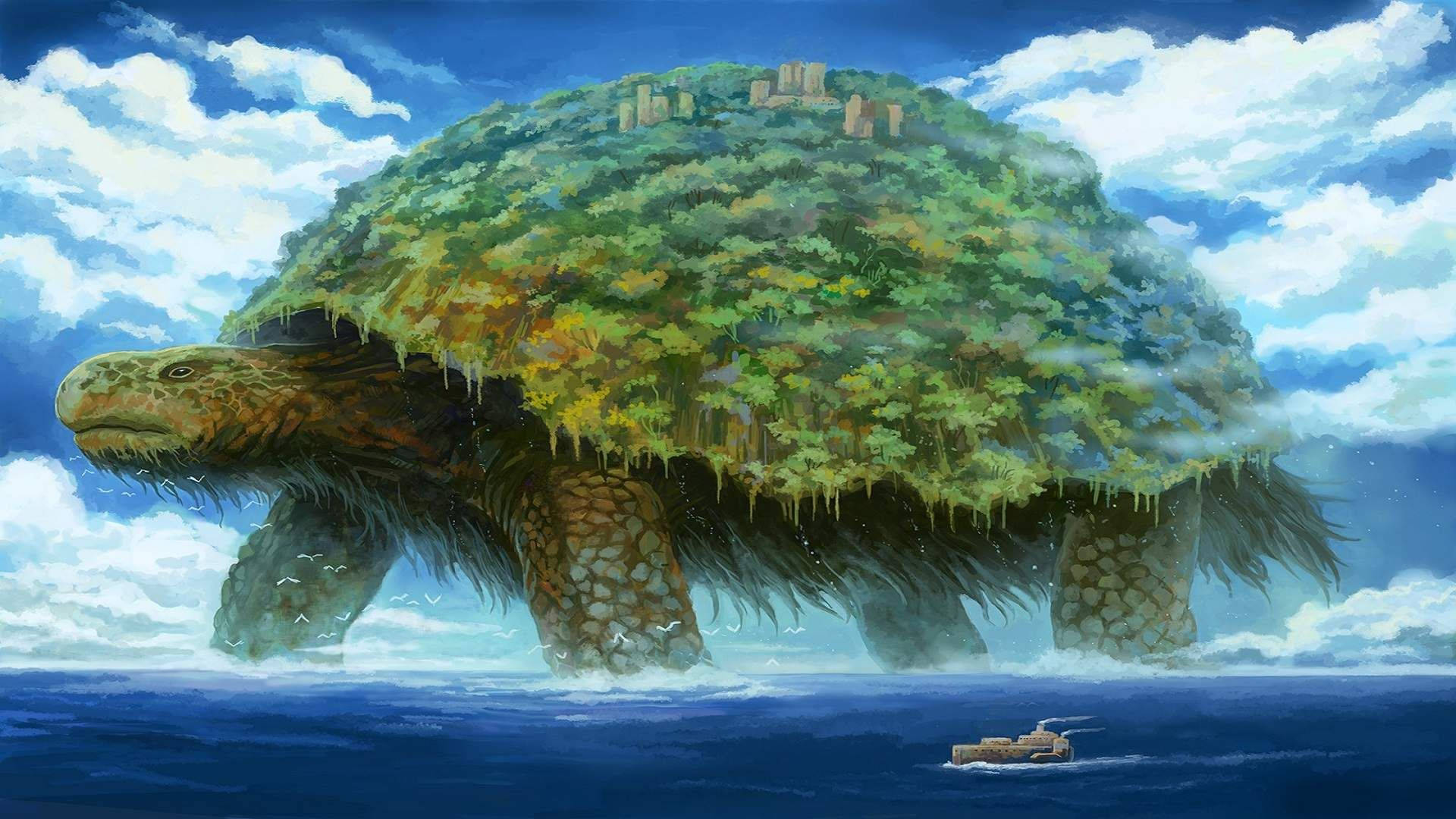 cool turtle, cartoon fantasy, lush green island, Full HD Desktop Wallpaper