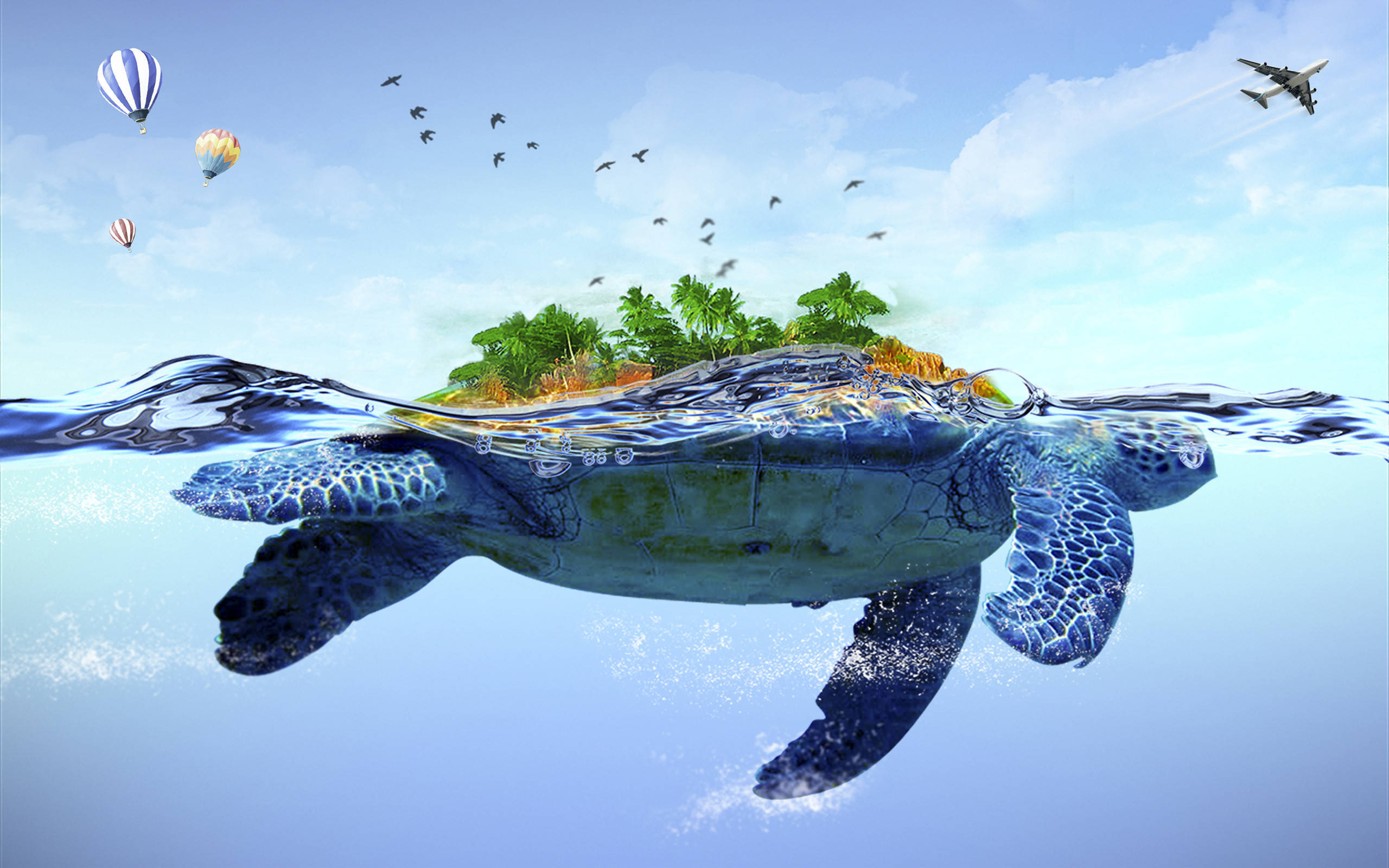 Cool Turtle, tropical island, hot air balloons, 2K Desktop Wallpaper