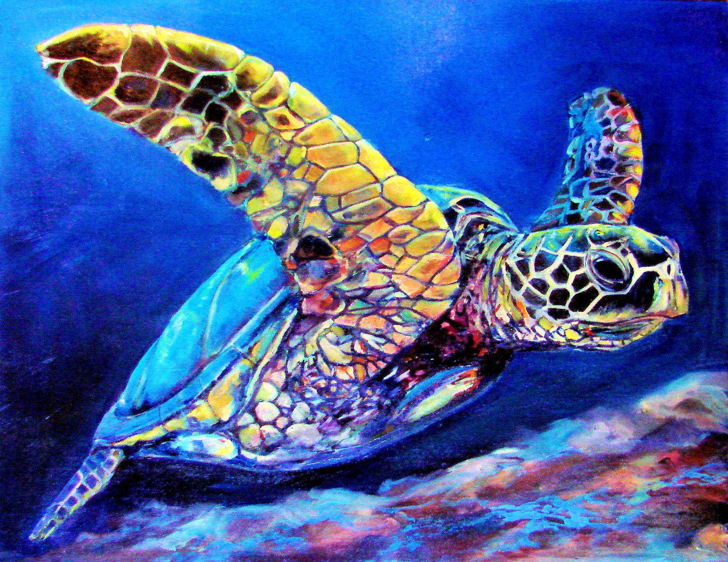 Cool Turtle, underwater, deep blue ocean waters, HD Desktop Wallpaper
