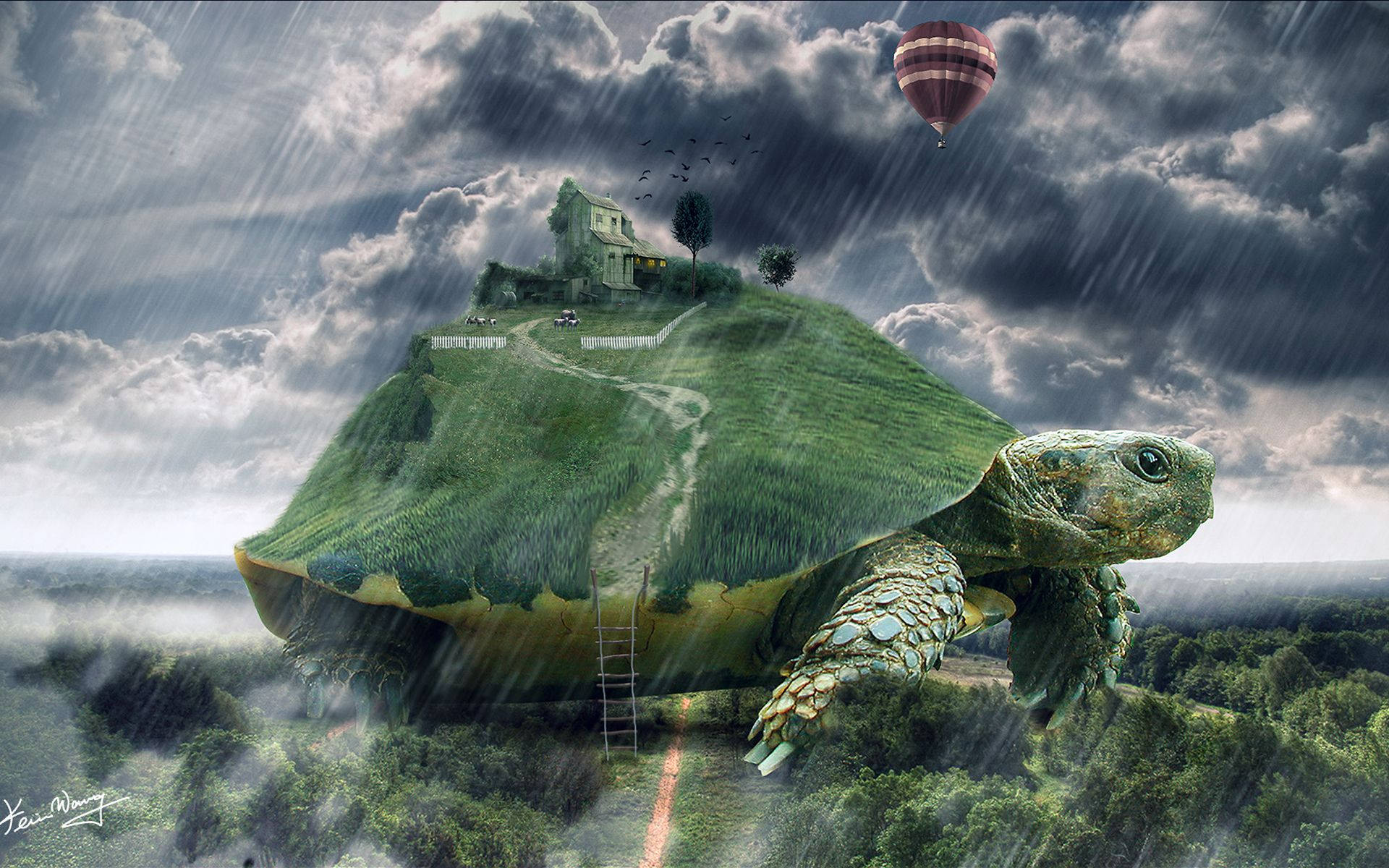 Cool Turtle, giant turtle, lush green island, Full HD Desktop Wallpaper