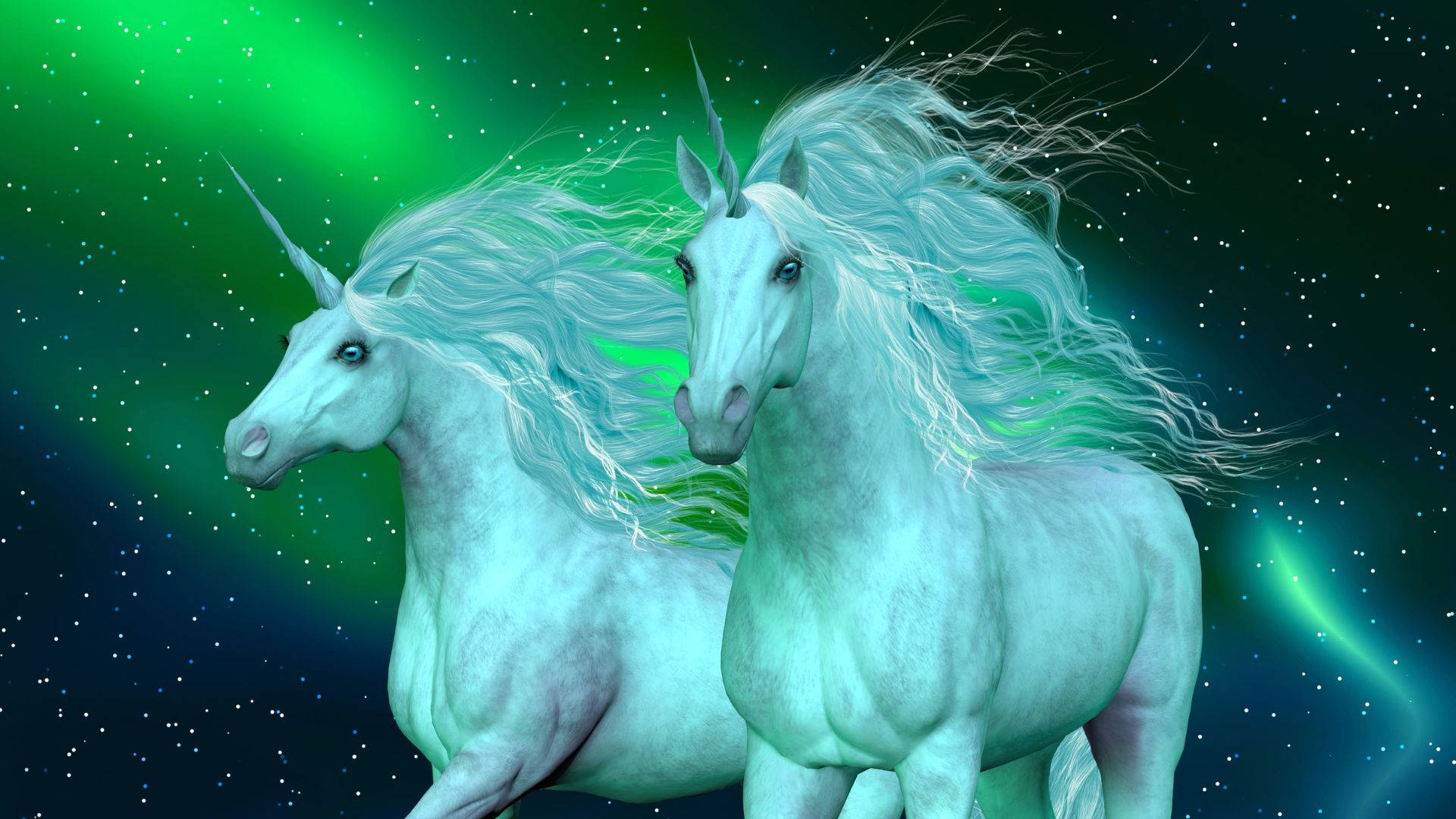 white unicorns, green aurora, starry night sky, Full HD Desktop Wallpaper
