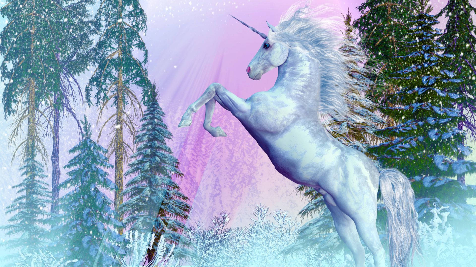 white unicorn, snowy pine forest, glowing pink and purple sky, Full HD Desktop Wallpaper