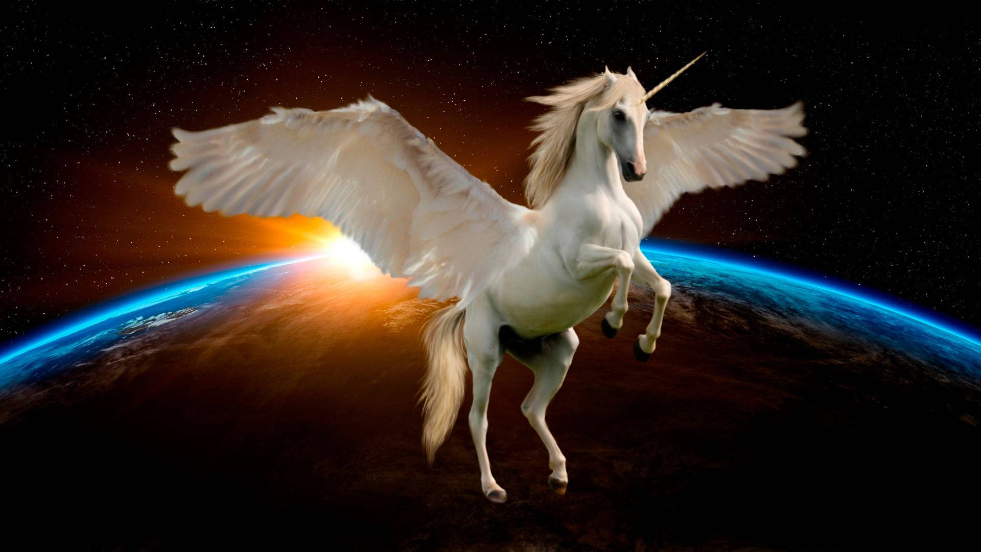 Cool Unicorn, white winged unicorn, Earth's curved horizon, Full HD Desktop Wallpaper