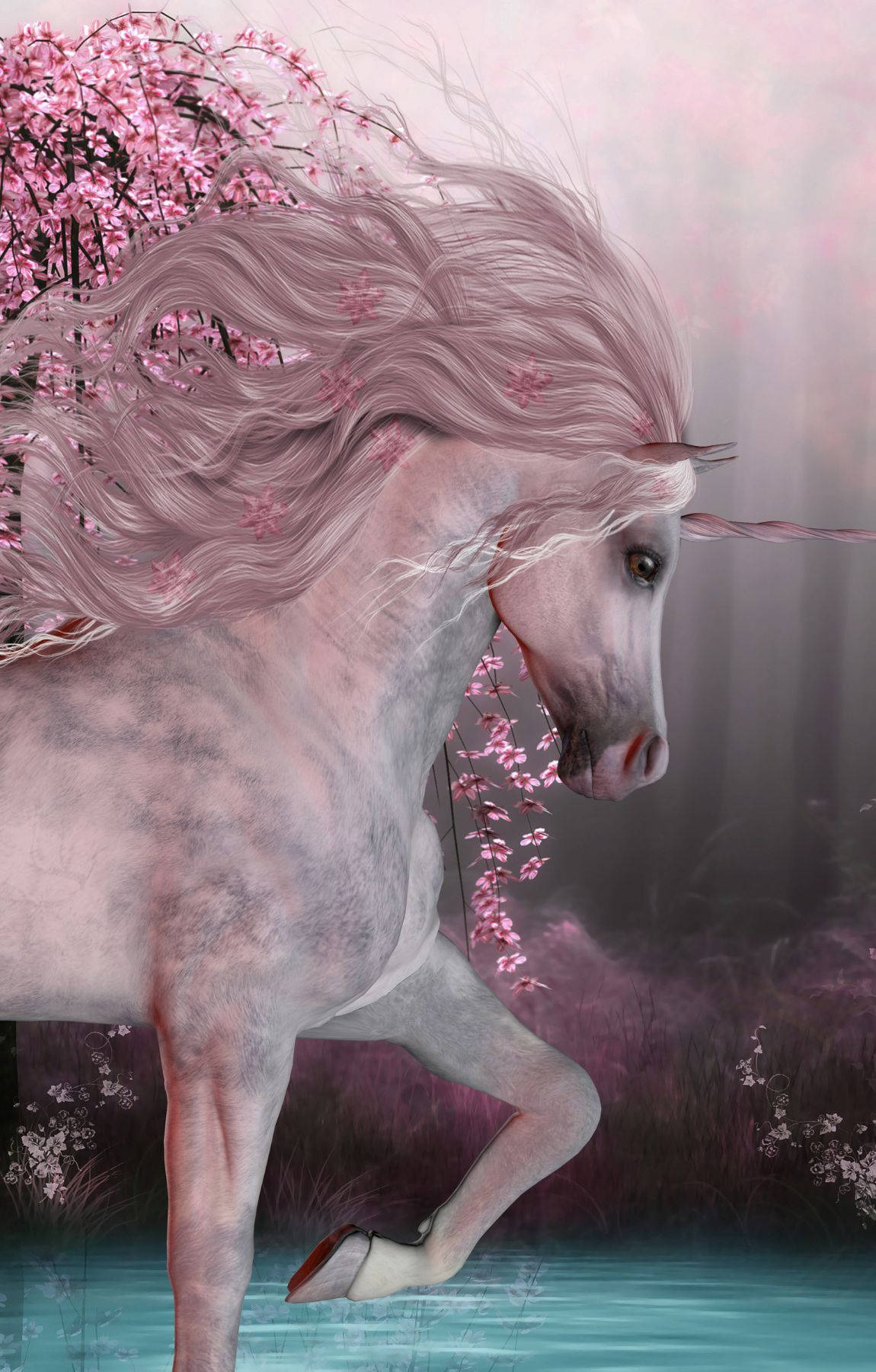 cool unicorn, white unicorn, misty forest, HD Phone Wallpaper
