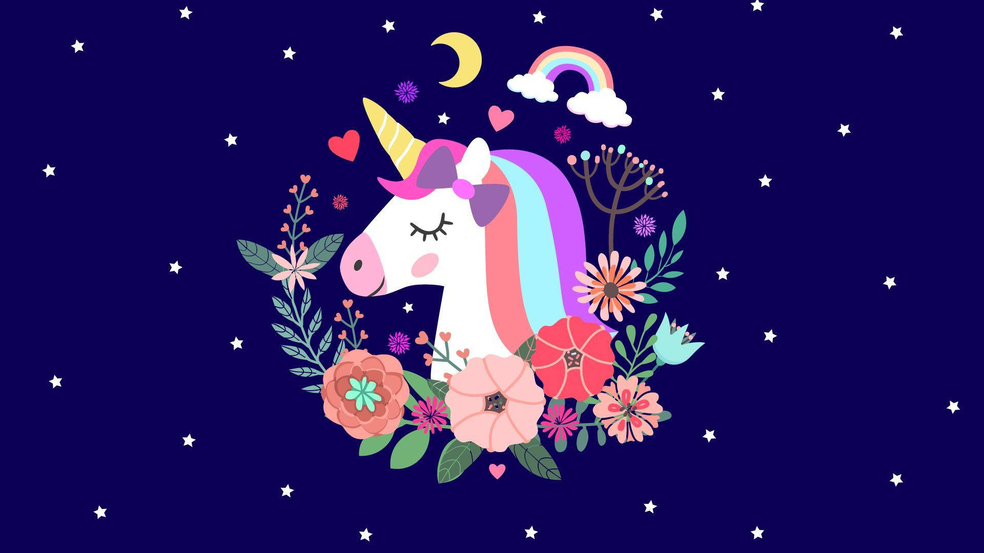 Cool Unicorn, rainbow mane, colorful flowers, Full HD Desktop Wallpaper
