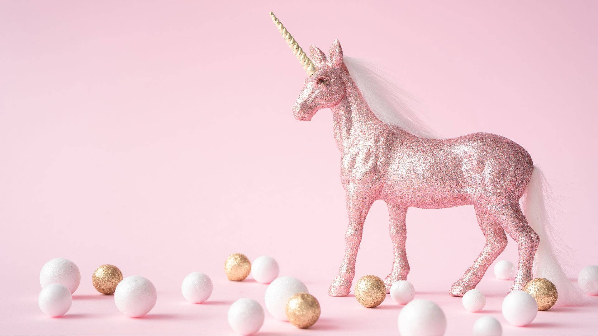cool unicorn, glittering pink unicorn figurine, white and gold spheres, Full HD Desktop Wallpaper