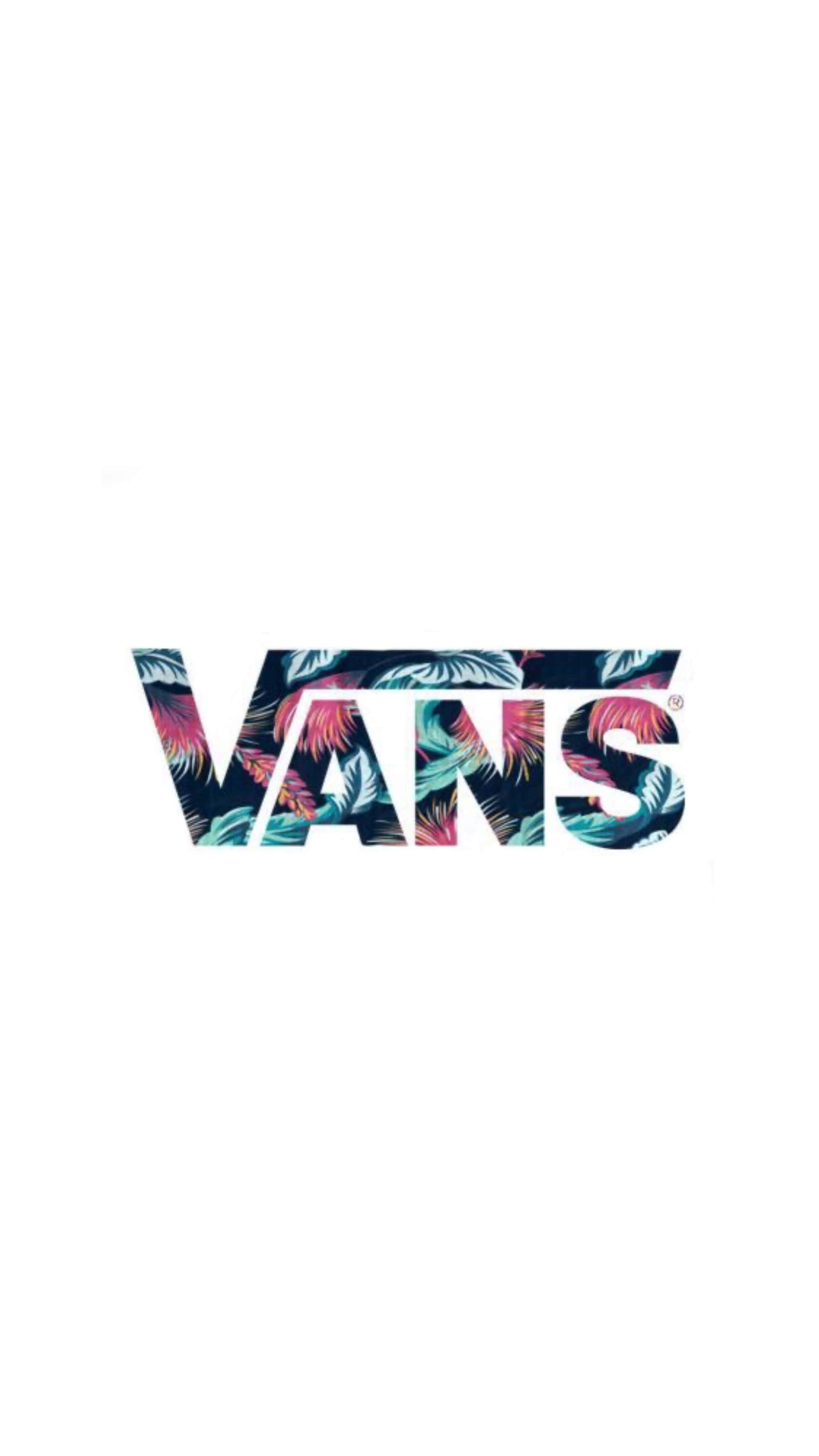 Vans logo, vibrant tropical leaves, white background, 2K Phone Wallpaper