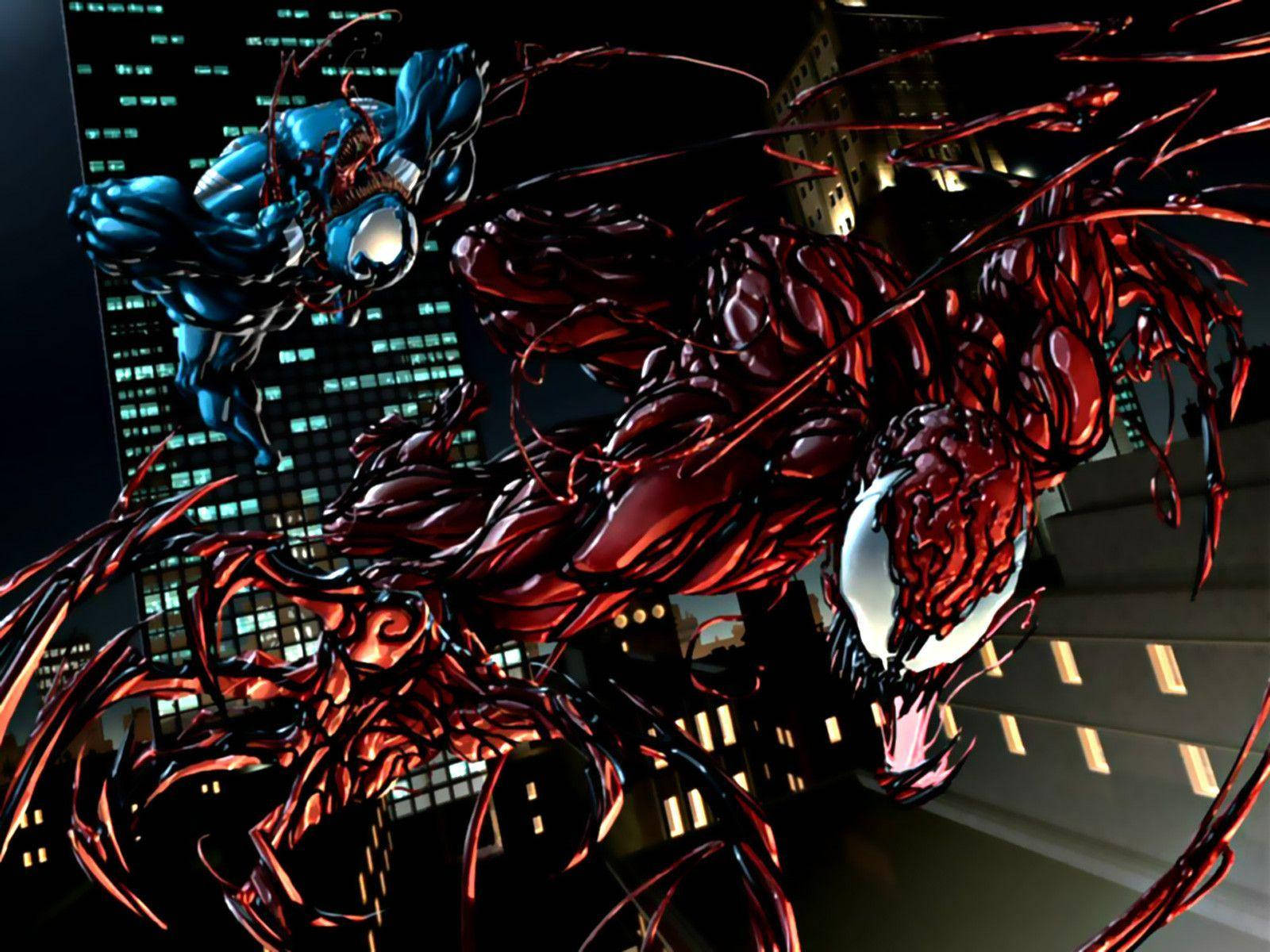 Venom, Carnage, nighttime cityscape, HD Desktop Wallpaper